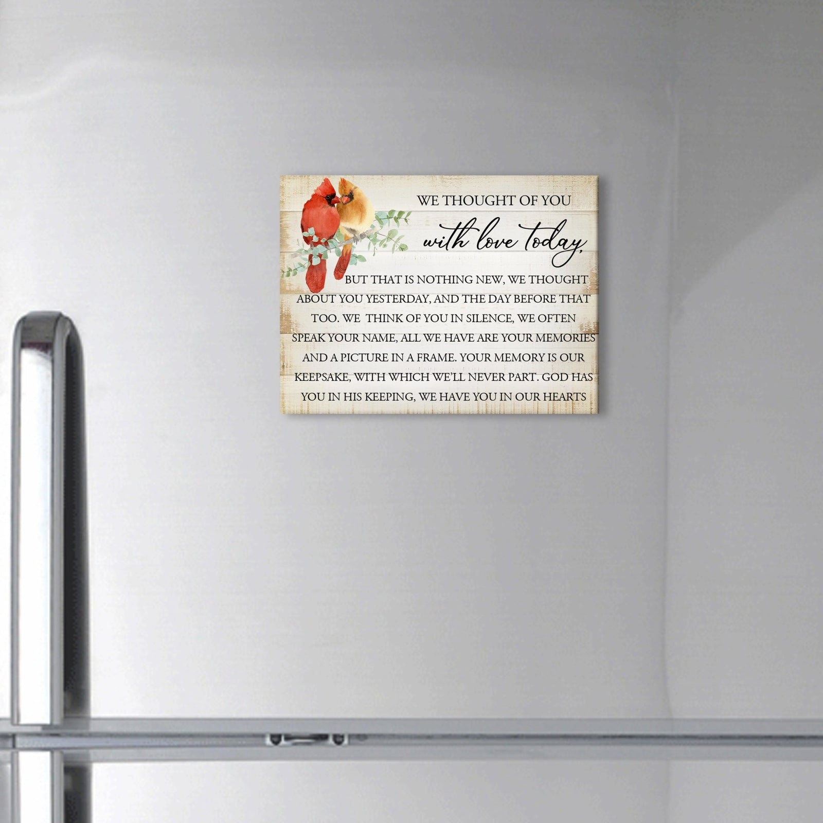 Remembering a loved one with a cardinal-themed memorial magnet for your home decor.