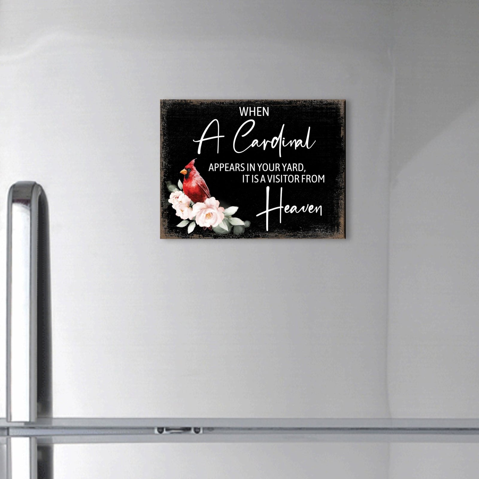 Remembering a loved one with a cardinal-themed memorial magnet for your home decor.