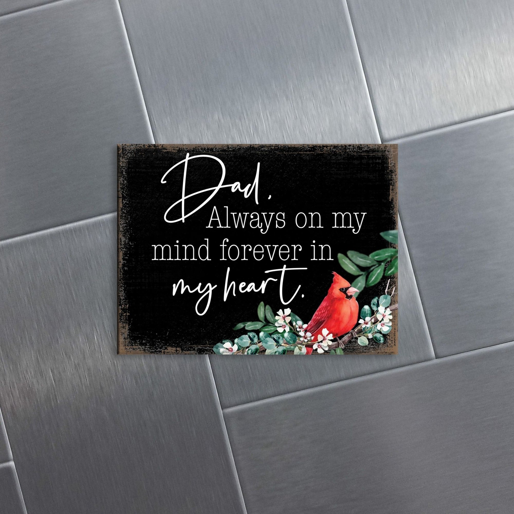 Remembering a loved one with a cardinal-themed memorial magnet for your home decor.