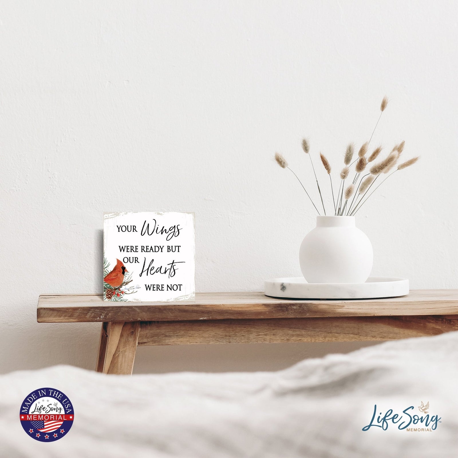 Modern CHRISTMAS 6x6 Wooden Sign (Your Wings Were Ready) Inspirational Plaque and Tabletop Family Home Decoration - LifeSong Milestones