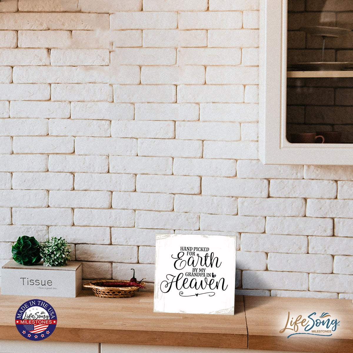 Modern EVERYDAY 6x6in Block shelf decor (Hand Picked For Earth (Grandpa) Inspirational Plaque and Tabletop Family Home Decoration - LifeSong Milestones