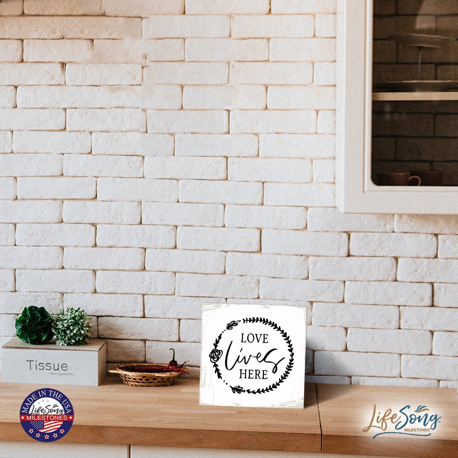 Modern EVERYDAY 6x6in Block shelf decor (Love Lives Here) Inspirational Plaque and Tabletop Family Home Decoration - LifeSong Milestones