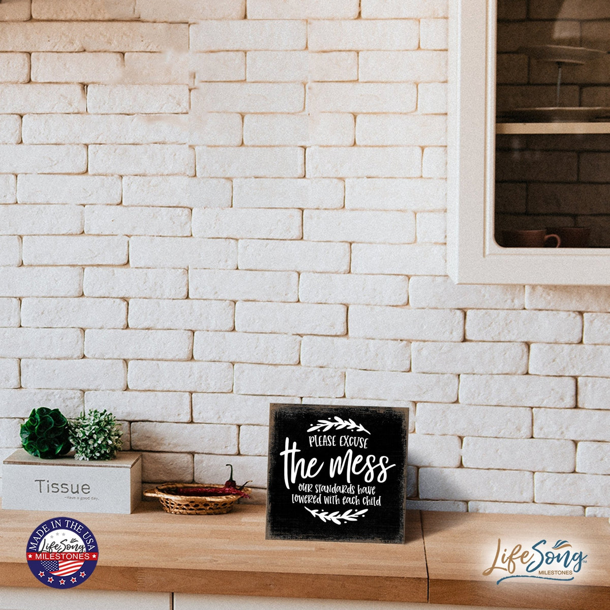 Modern EVERYDAY 6x6in Block shelf decor (Please Excuse The Mess Our) Inspirational Plaque and Tabletop Family Home Decoration - LifeSong Milestones