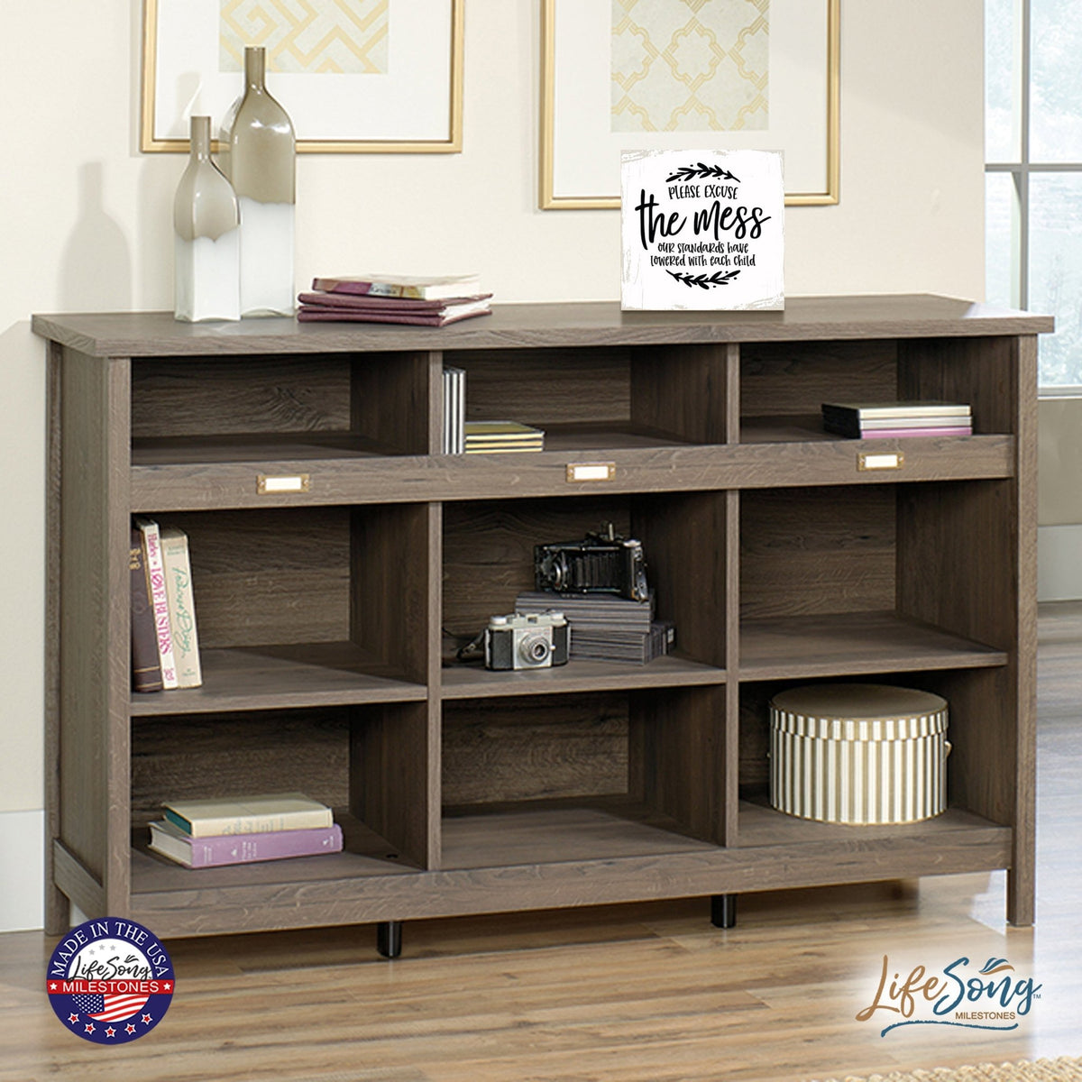 Modern EVERYDAY 6x6in Block shelf decor (Please Excuse The Mess Our) Inspirational Plaque and Tabletop Family Home Decoration - LifeSong Milestones