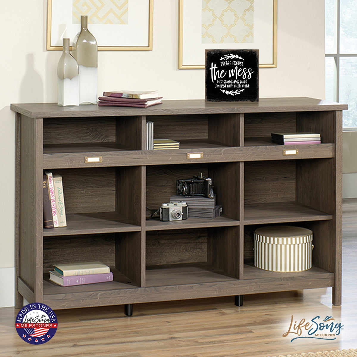 Modern EVERYDAY 6x6in Block shelf decor (Please Excuse The Mess Our) Inspirational Plaque and Tabletop Family Home Decoration - LifeSong Milestones