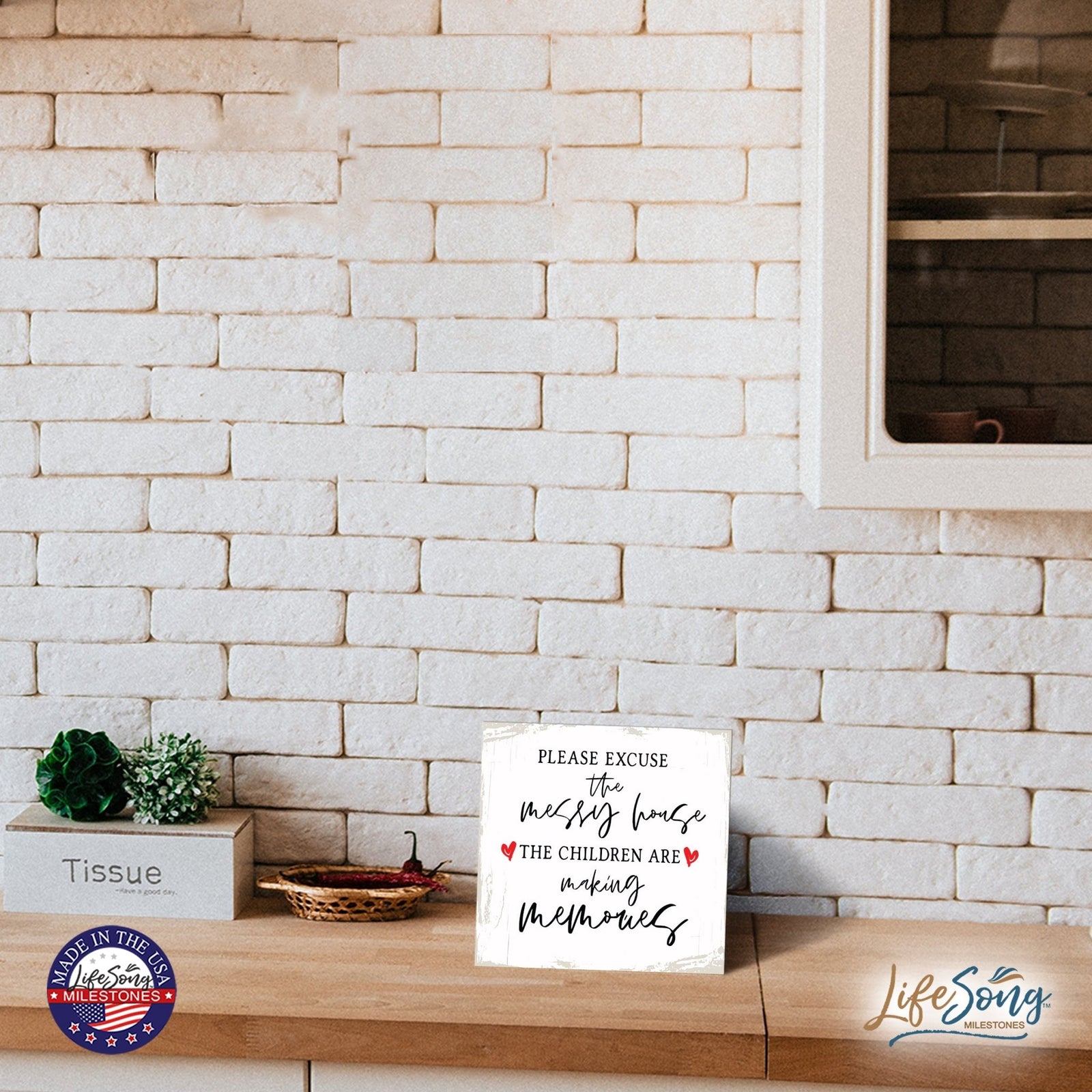 Modern EVERYDAY 6x6in Block shelf decor (Please Excuse The Messy House) Inspirational Plaque and Tabletop Family Home Decoration - LifeSong Milestones