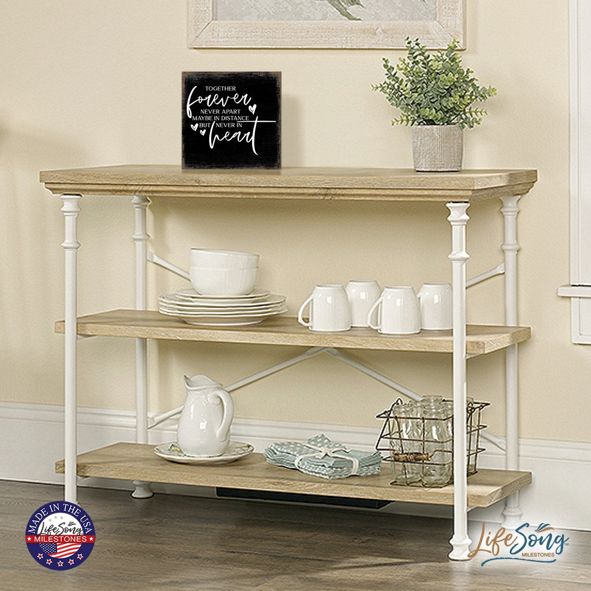 Modern EVERYDAY 6x6in Block shelf decor (Together Forever Never) Inspirational Plaque and Tabletop Family Home Decoration - LifeSong Milestones