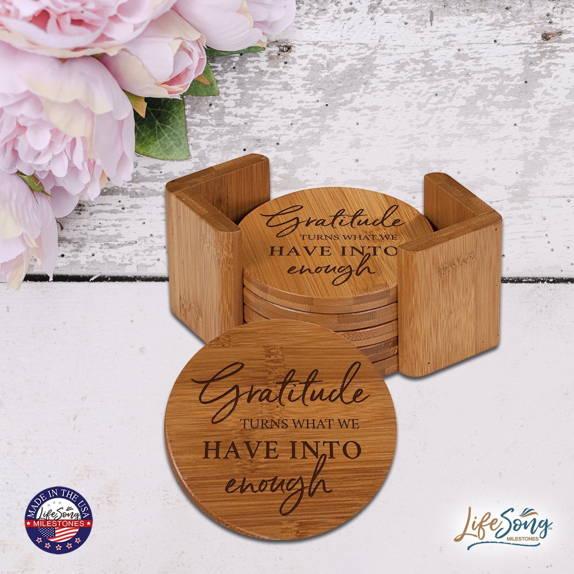 Modern Family Home 6pc Bamboo Coaster Set With Holder 4.5x4.5 – Gratitude Turns What - LifeSong Milestones