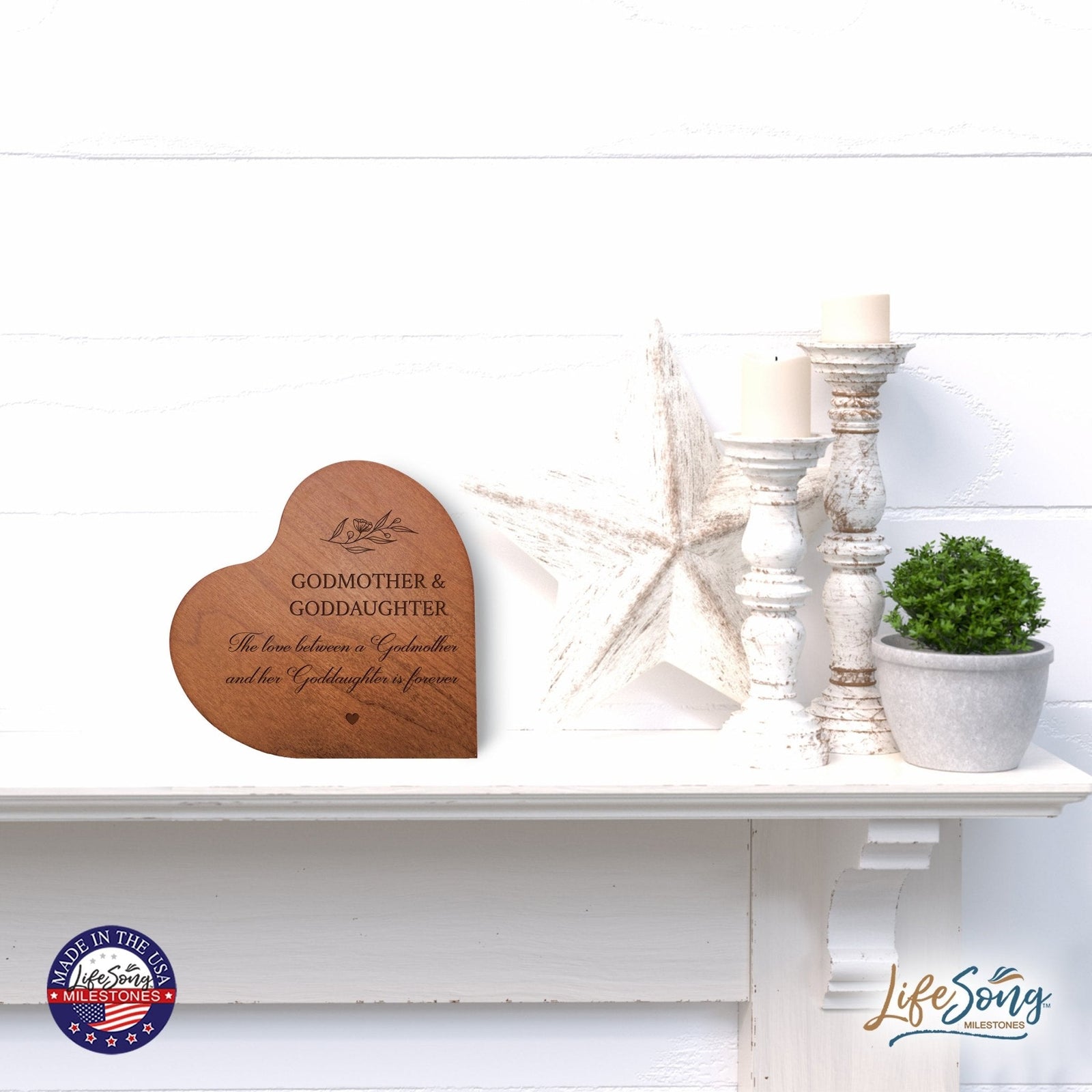 Modern Godmother’s Love Solid Wood Heart Decoration With Inspirational Verse Keepsake Gift 5x5.25 - Godmother & Goddaughter - LifeSong Milestones