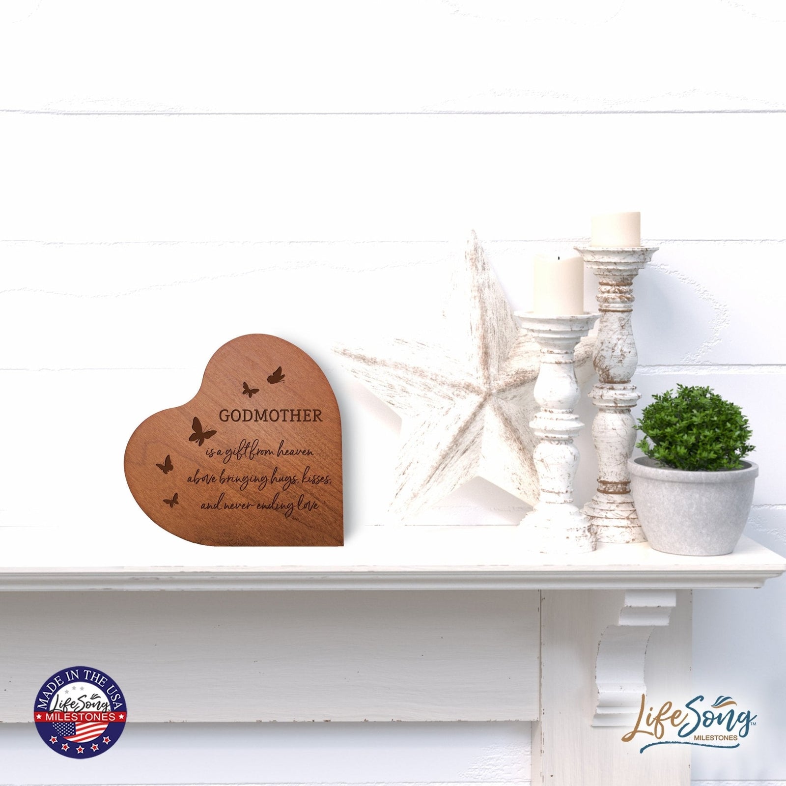 Modern Godmother’s Love Solid Wood Heart Decoration With Inspirational Verse Keepsake Gift 5x5.25 - Godmother Is A Gift = Never-ending Love - LifeSong Milestones