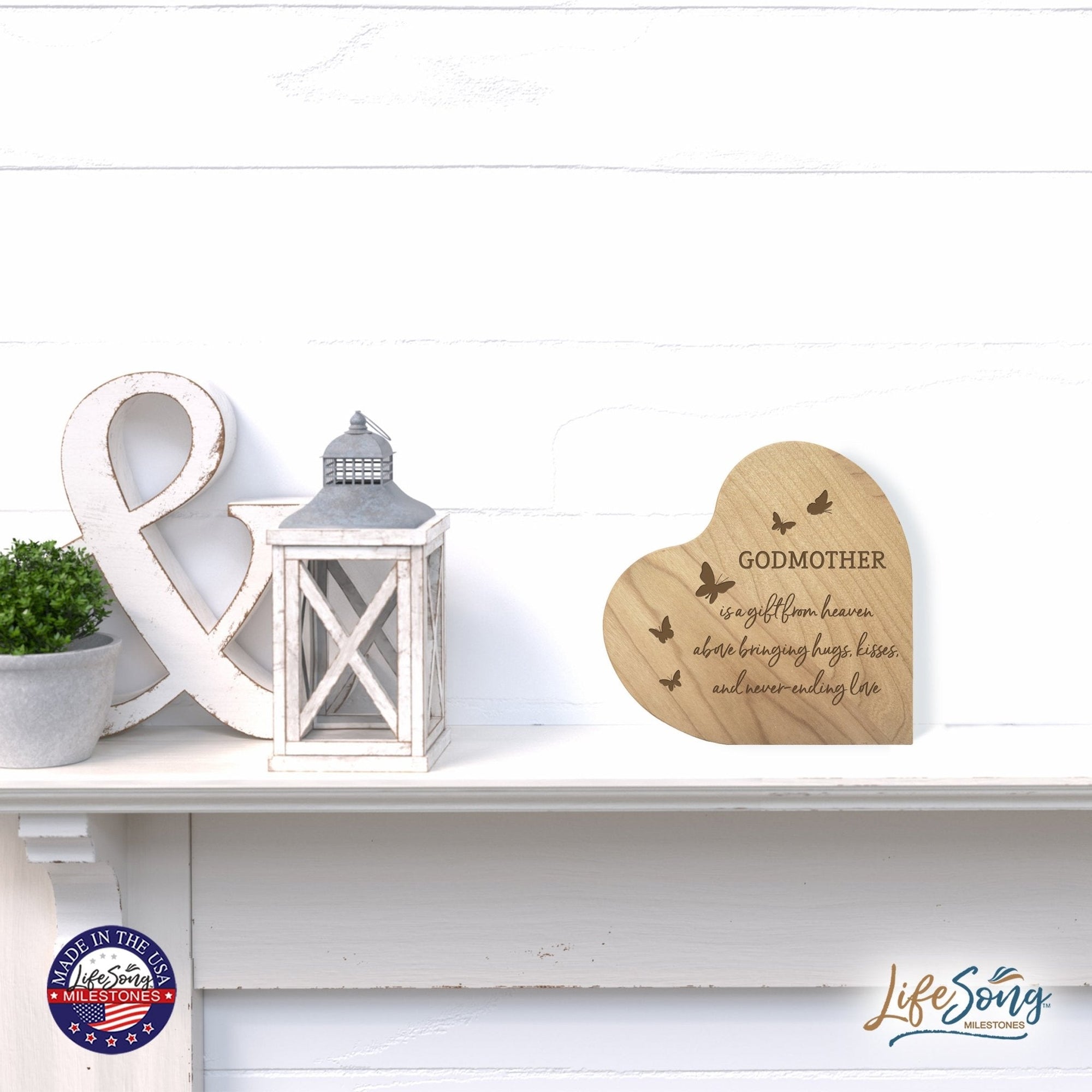 Modern Godmother’s Love Solid Wood Heart Decoration With Inspirational Verse Keepsake Gift 5x5.25 - Godmother Is A Gift = Never-ending Love - LifeSong Milestones