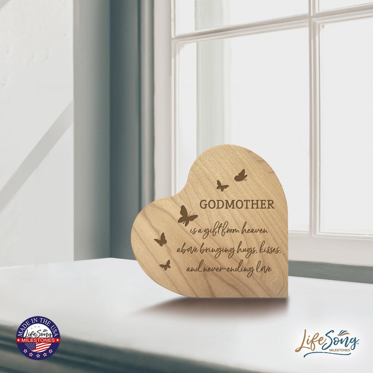 Modern Godmother’s Love Solid Wood Heart Decoration With Inspirational Verse Keepsake Gift 5x5.25 - Godmother Is A Gift = Never-ending Love - LifeSong Milestones