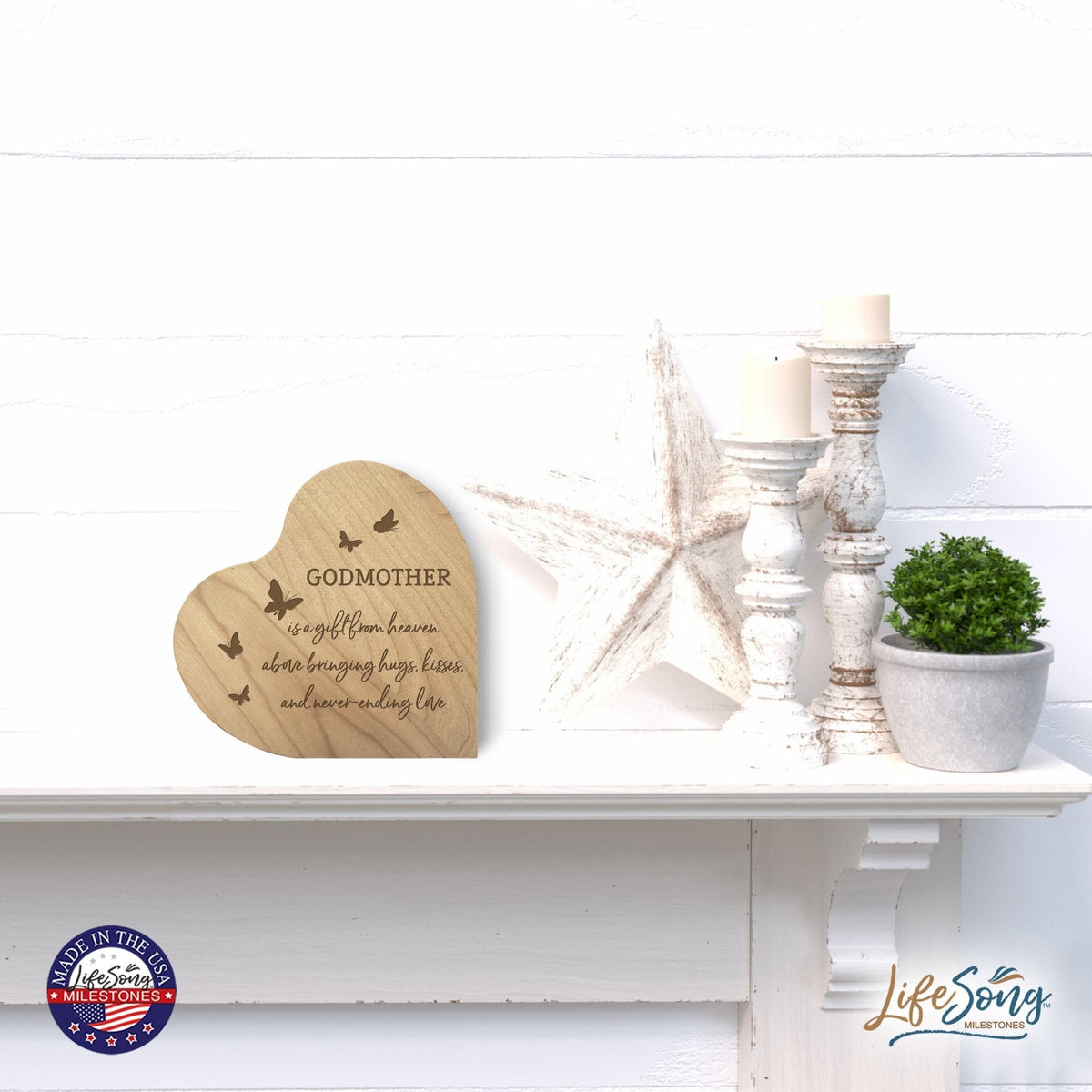 Modern Godmother’s Love Solid Wood Heart Decoration With Inspirational Verse Keepsake Gift 5x5.25 - Godmother Is A Gift = Never-ending Love - LifeSong Milestones