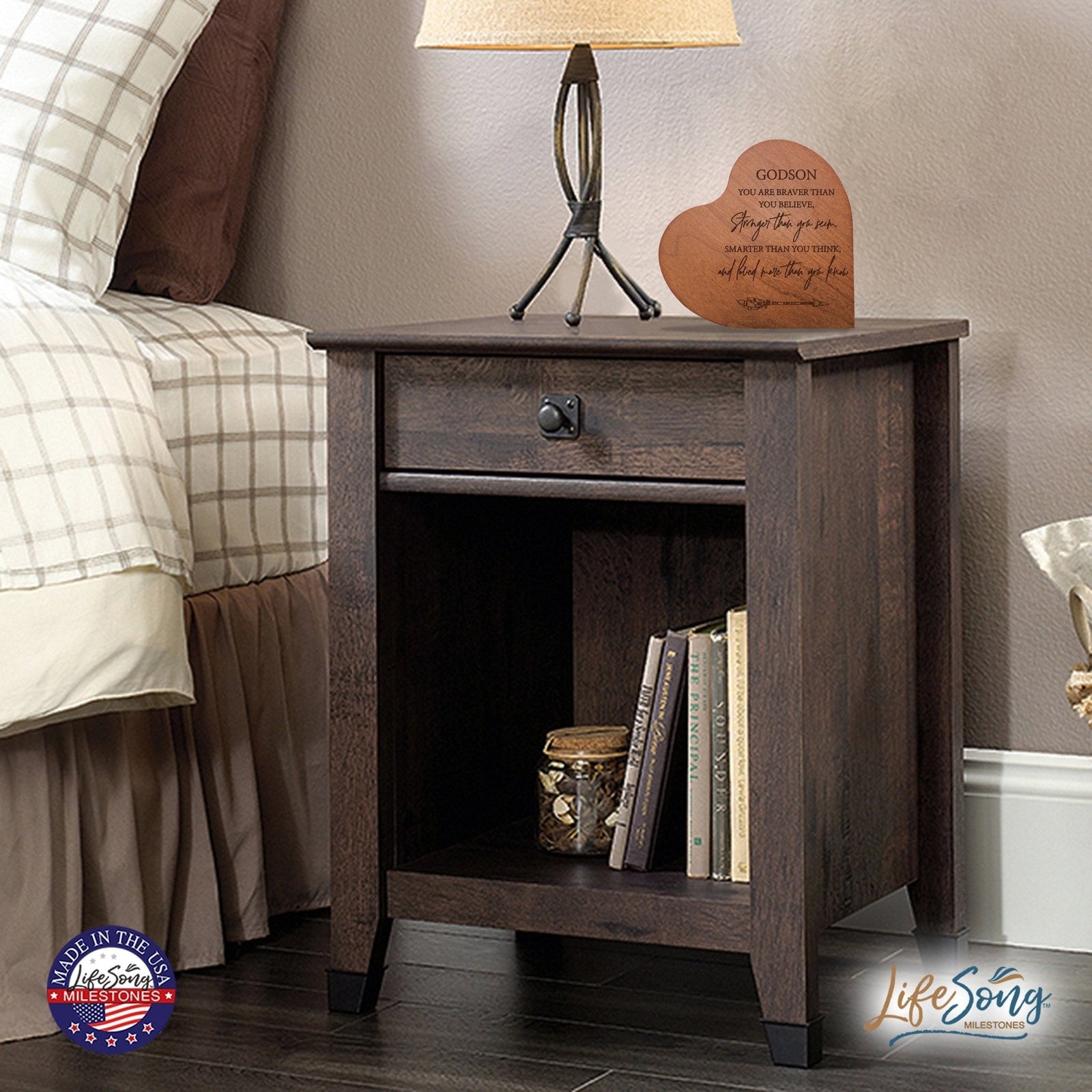 Modern Godson’s Love Solid Wood Heart Decoration With Inspirational Verse Keepsake Gift 5x5.25 - You Are Braver Than - LifeSong Milestones