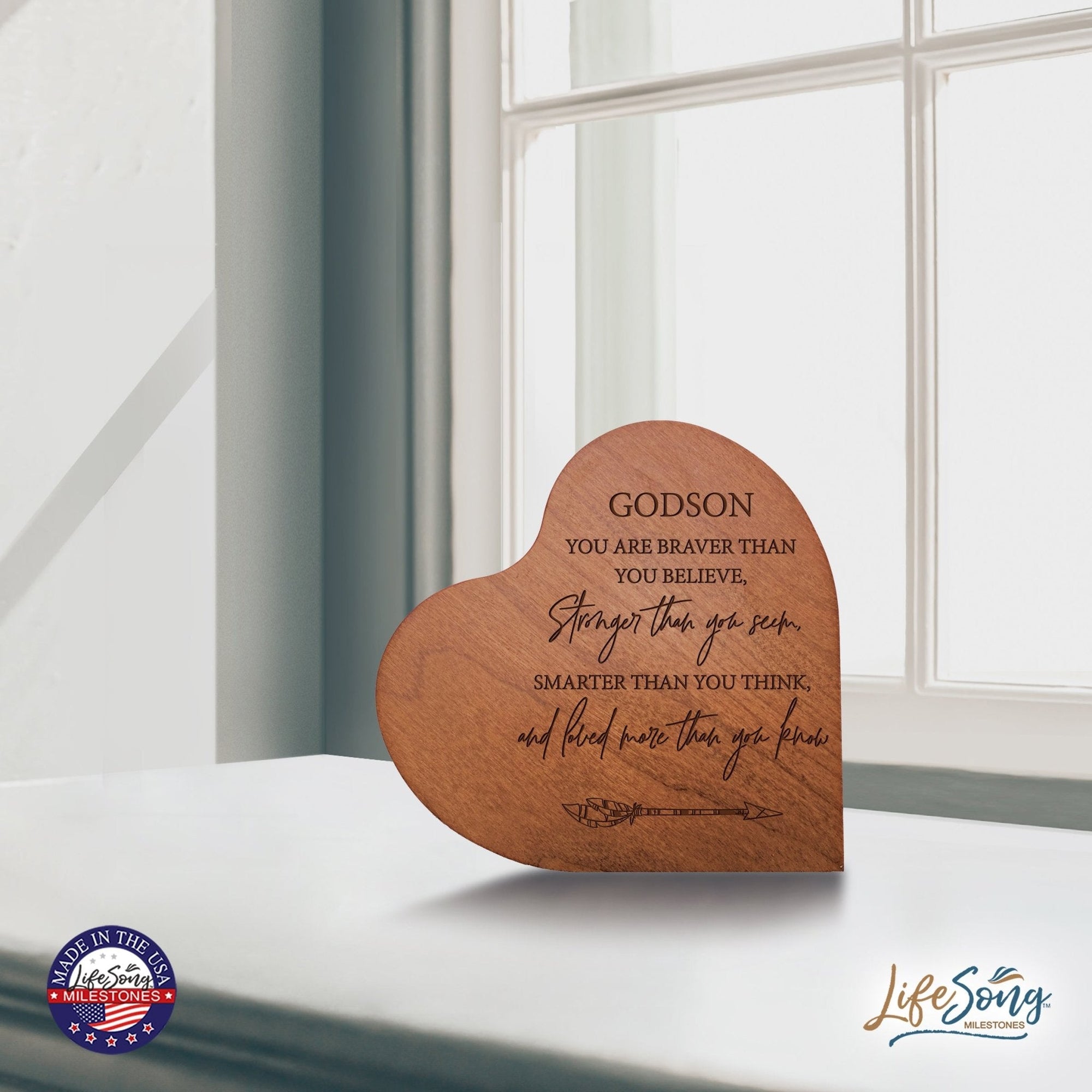 Modern Godson’s Love Solid Wood Heart Decoration With Inspirational Verse Keepsake Gift 5x5.25 - You Are Braver Than - LifeSong Milestones