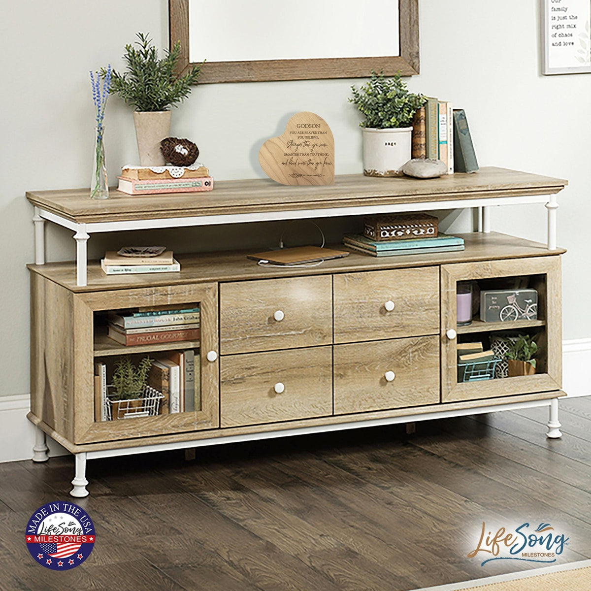 Modern Godson’s Love Solid Wood Heart Decoration With Inspirational Verse Keepsake Gift 5x5.25 - You Are Braver Than - LifeSong Milestones