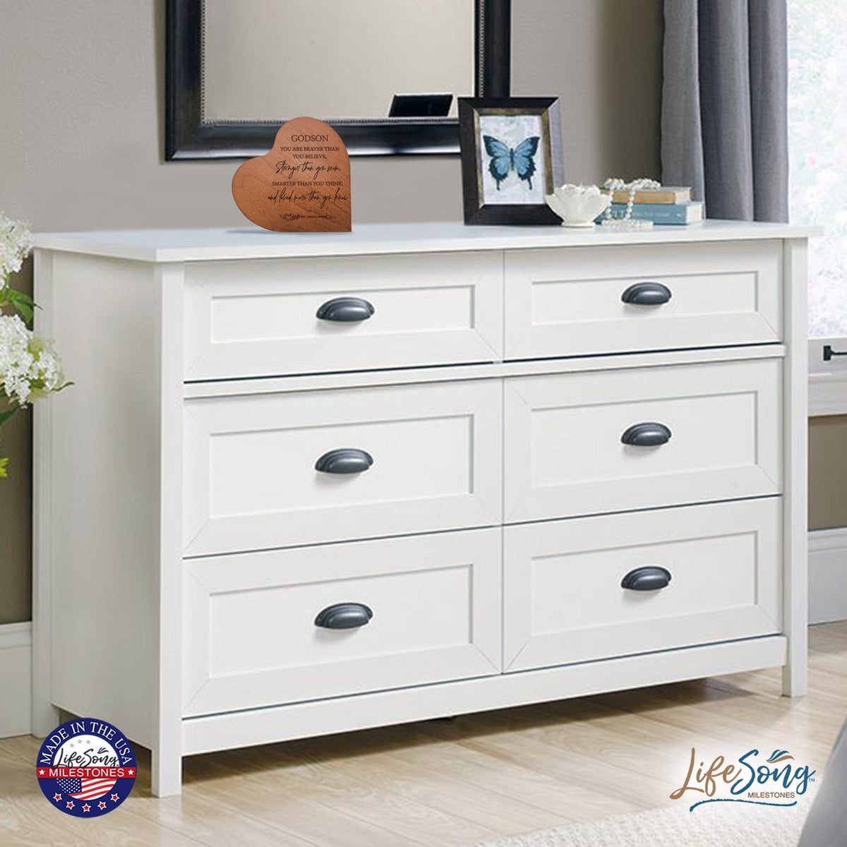 Modern Godson’s Love Solid Wood Heart Decoration With Inspirational Verse Keepsake Gift 5x5.25 - You Are Braver Than - LifeSong Milestones