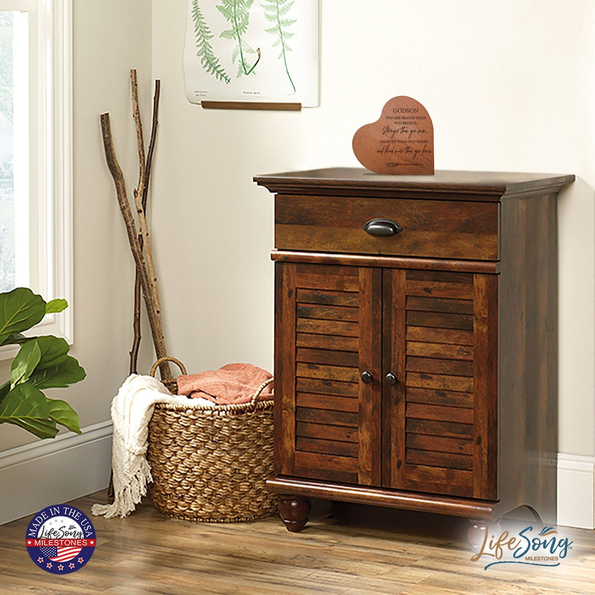 Modern Godson’s Love Solid Wood Heart Decoration With Inspirational Verse Keepsake Gift 5x5.25 - You Are Braver Than - LifeSong Milestones