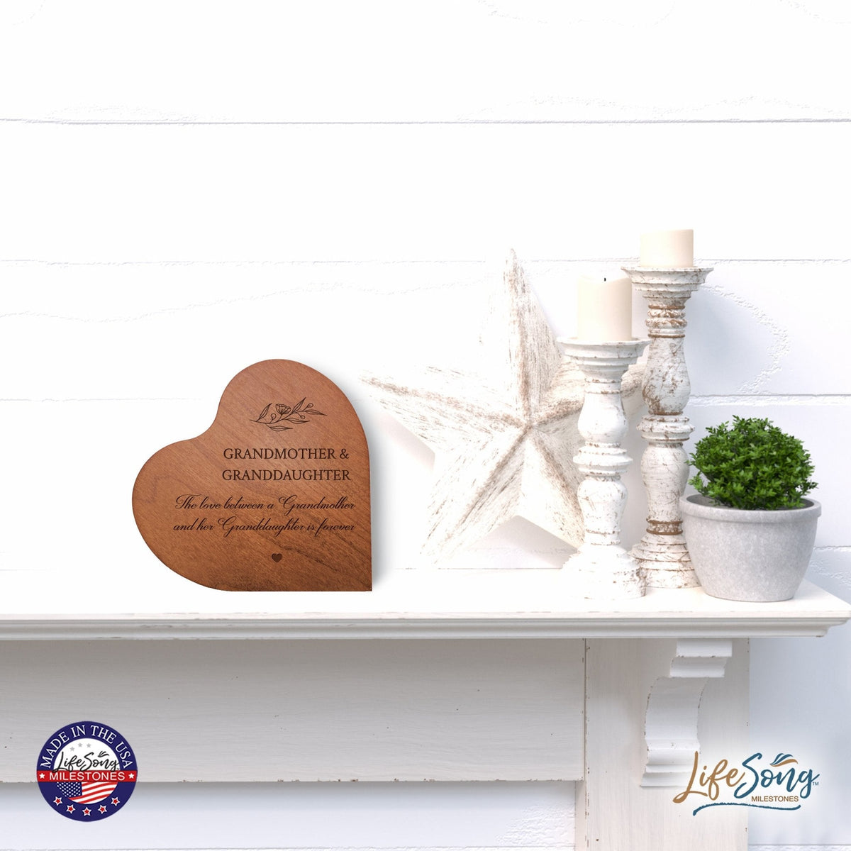 Modern Grandmother’s Love Solid Wood Heart Decoration With Inspirational Verse Keepsake Gift 5x5.25 - Grandmother & Granddaughter - LifeSong Milestones