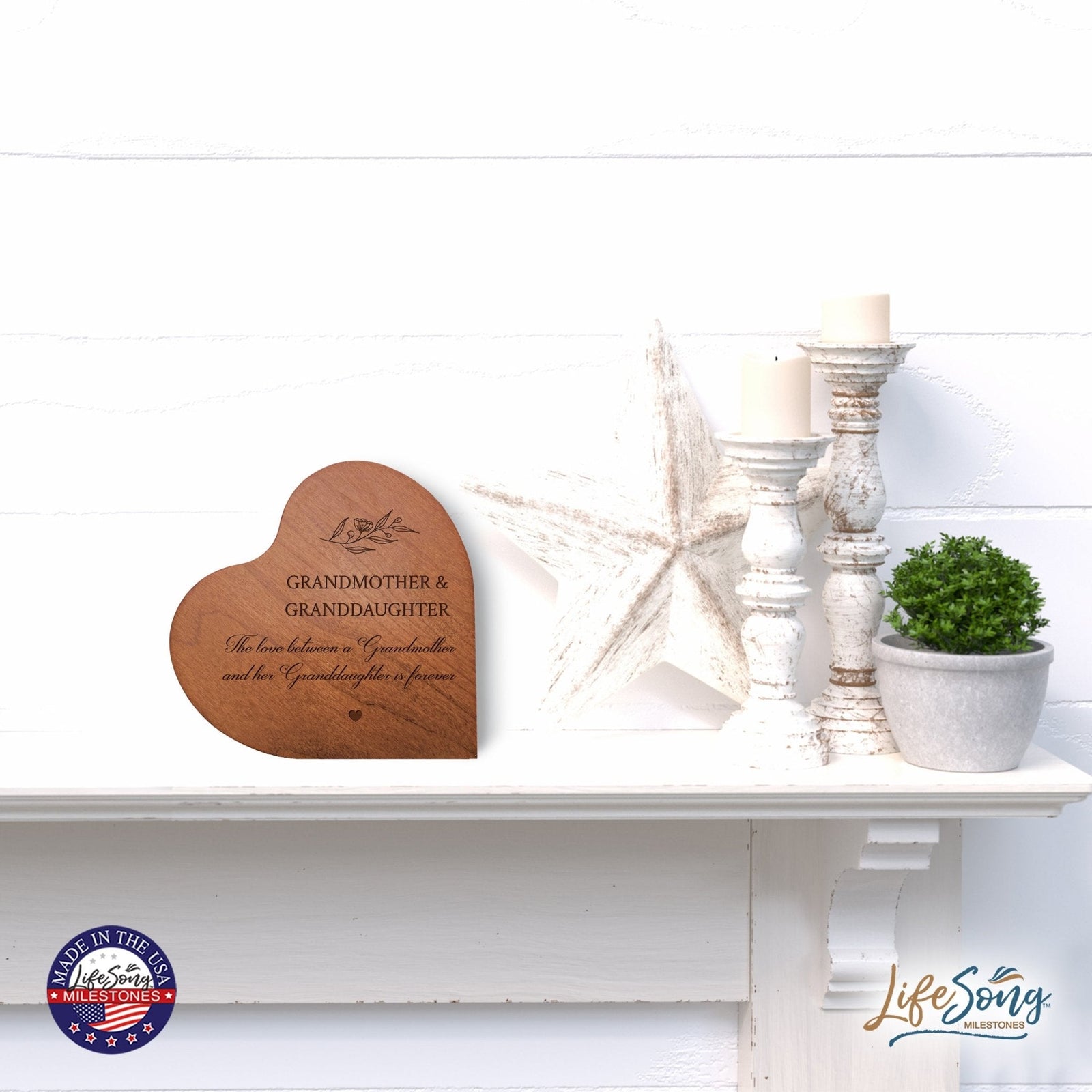 Modern Grandmother’s Love Solid Wood Heart Decoration With Inspirational Verse Keepsake Gift 5x5.25 - Grandmother & Granddaughter - LifeSong Milestones