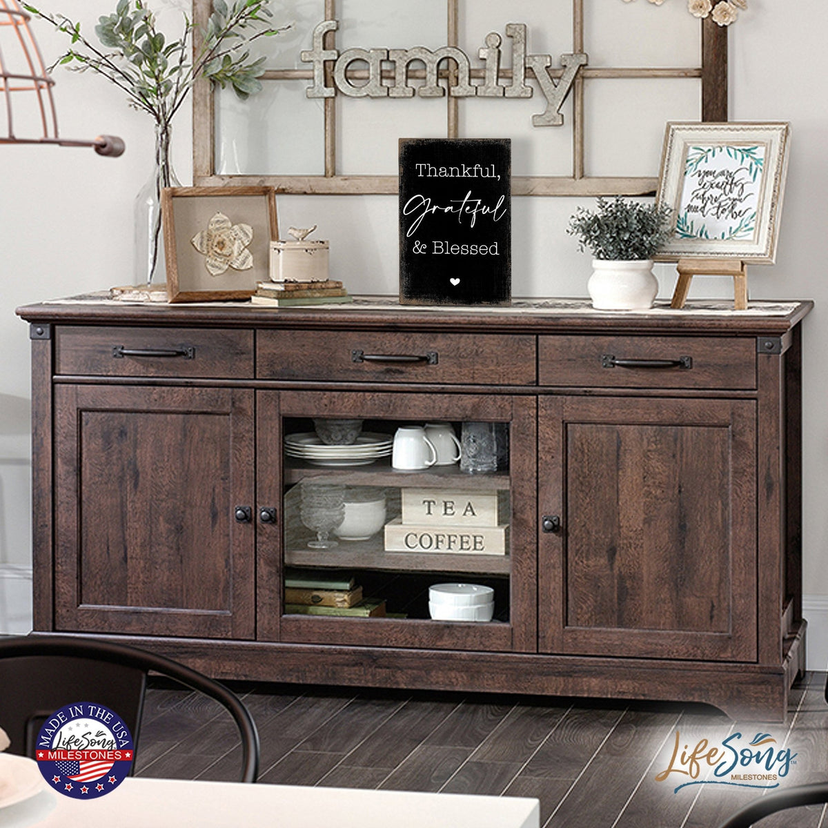 Modern Inspirational 5.5x8in Wooden Plaque Family And Home Tabletop Decor - Thankful Grateful & Blessed - LifeSong Milestones