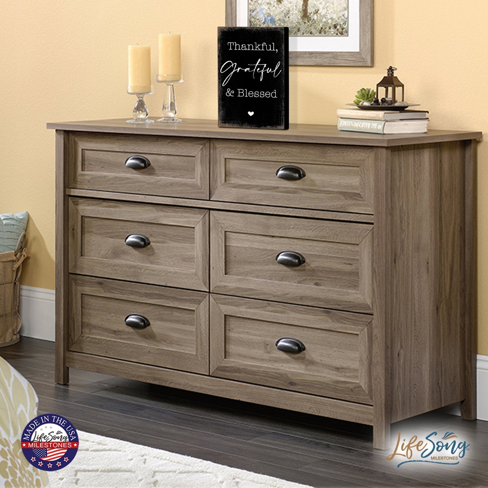 Modern Inspirational 5.5x8in Wooden Plaque Family And Home Tabletop Decor - Thankful Grateful & Blessed - LifeSong Milestones