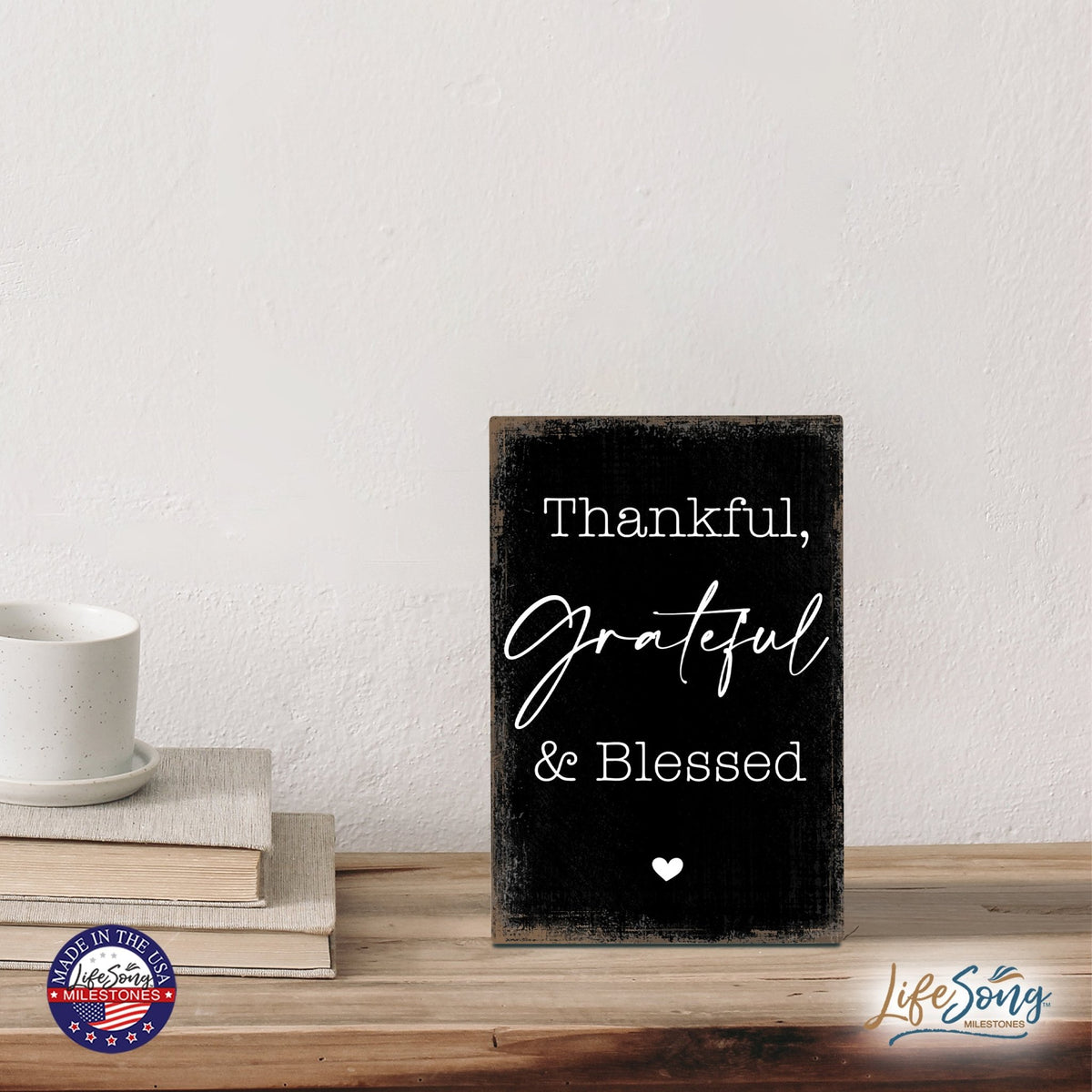 Modern Inspirational 5.5x8in Wooden Plaque Family And Home Tabletop Decor - Thankful Grateful & Blessed - LifeSong Milestones