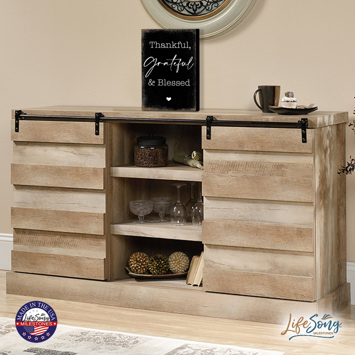 Modern Inspirational 5.5x8in Wooden Plaque Family And Home Tabletop Decor - Thankful Grateful & Blessed - LifeSong Milestones