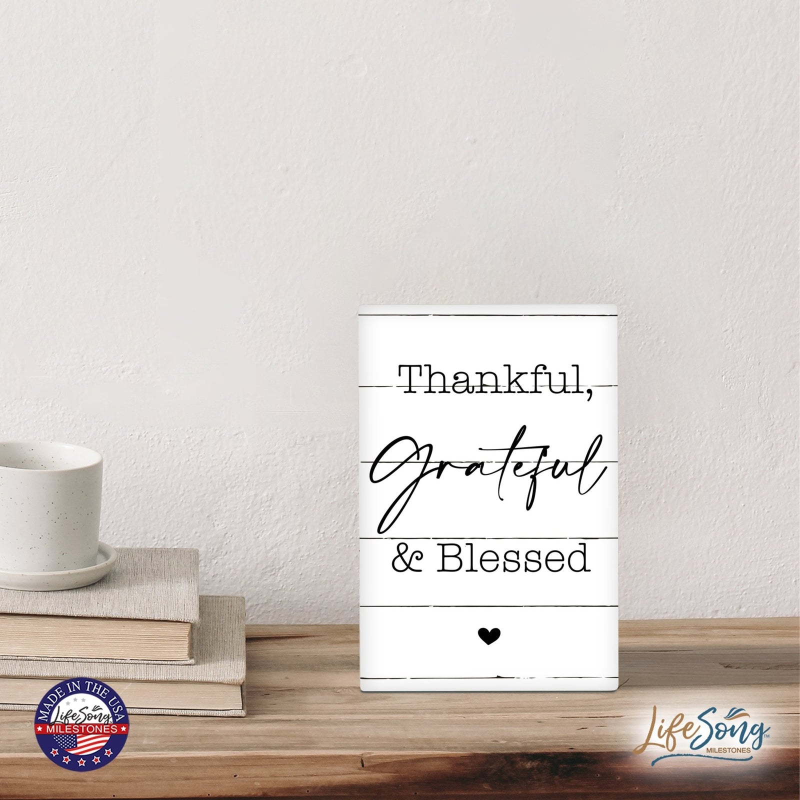 Modern Inspirational 5.5x8in Wooden Plaque Family And Home Tabletop Decor - Thankful Grateful & Blessed - LifeSong Milestones