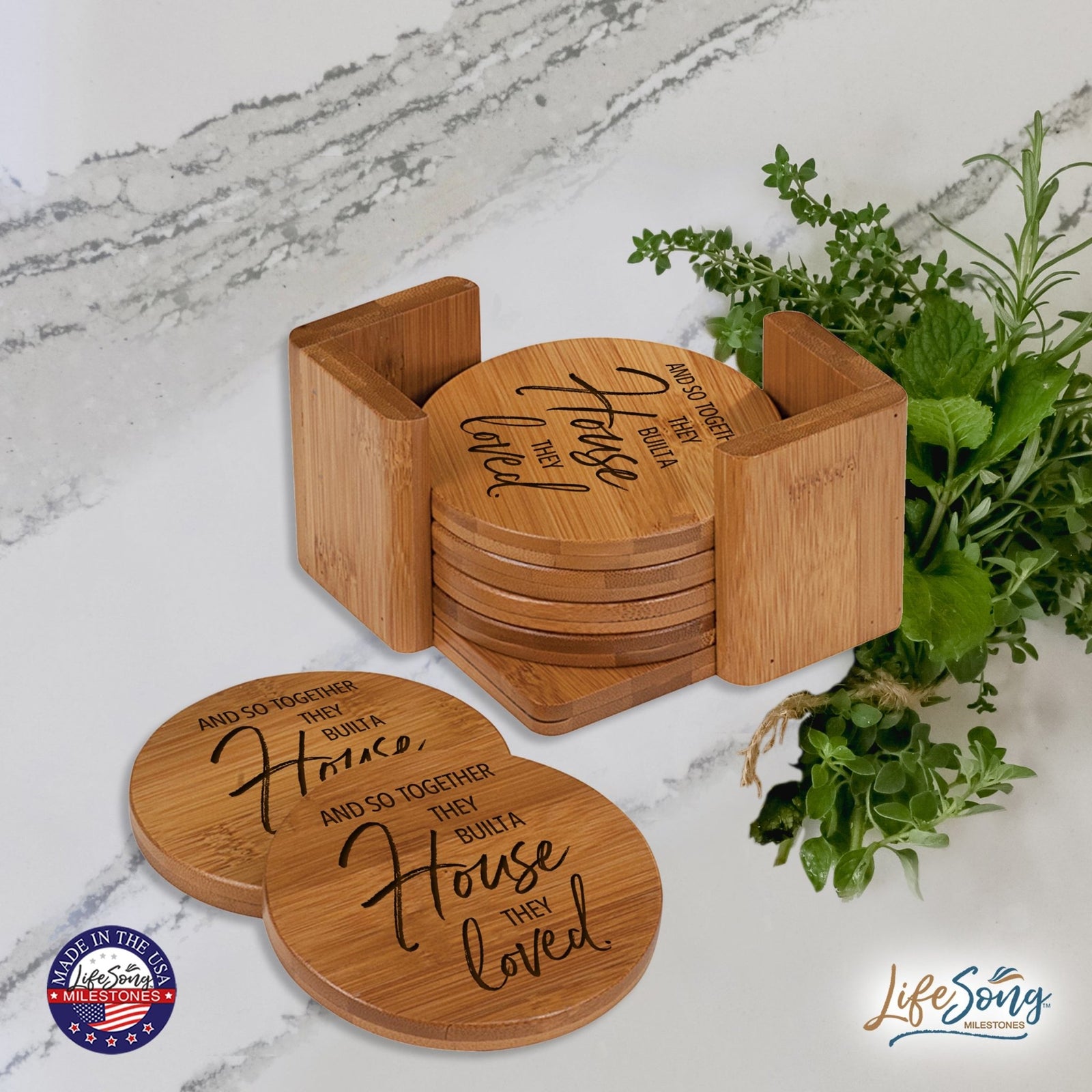 Modern Inspirational 6pc Bamboo Coaster Set 4.5x4.5 And So Together - LifeSong Milestones