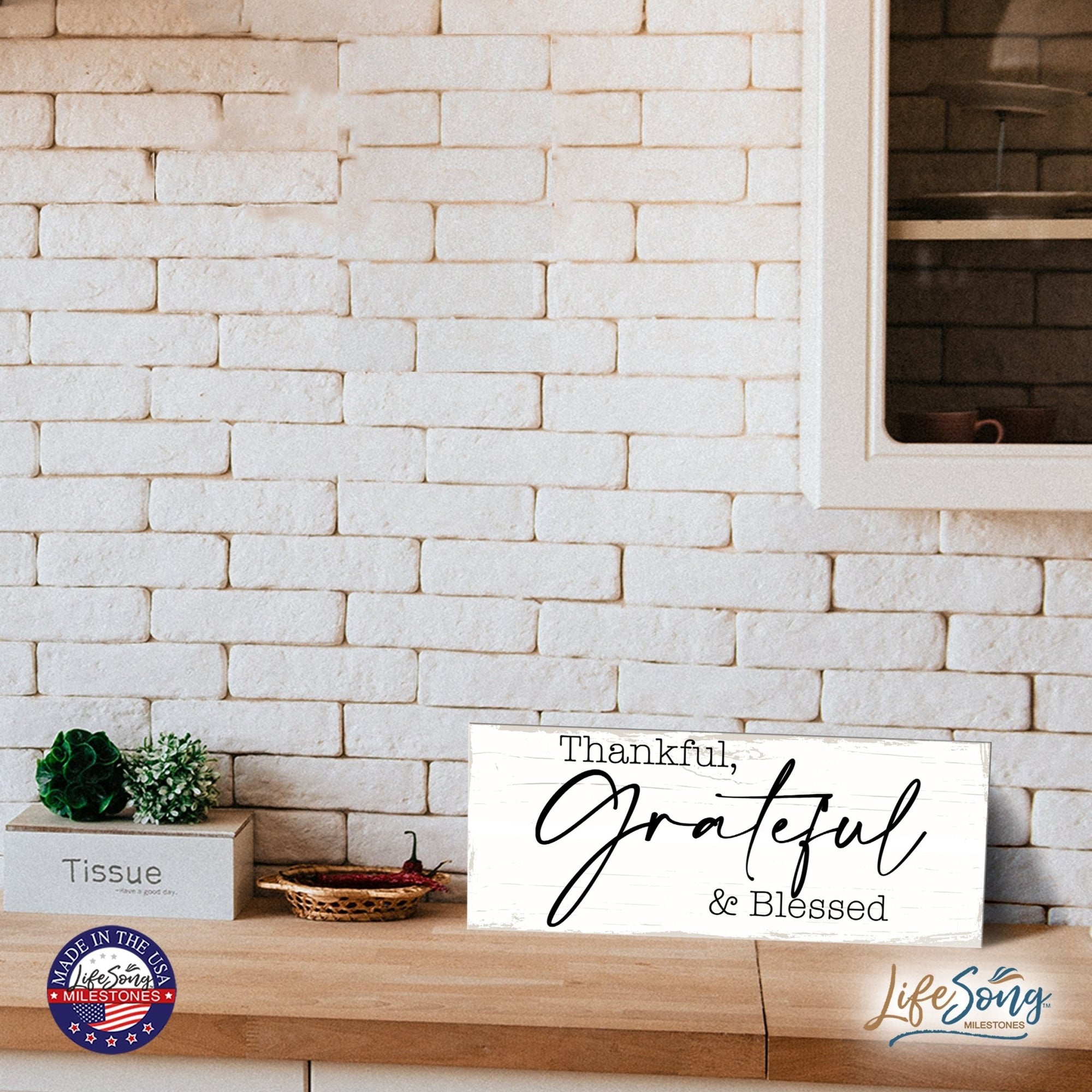 Modern Inspirational Everyday Home and Family Wooden Wall Art Hanging Plaque 4x10n – Thankful, Grateful & Blessed – for Family and Home Decorations - LifeSong Milestones