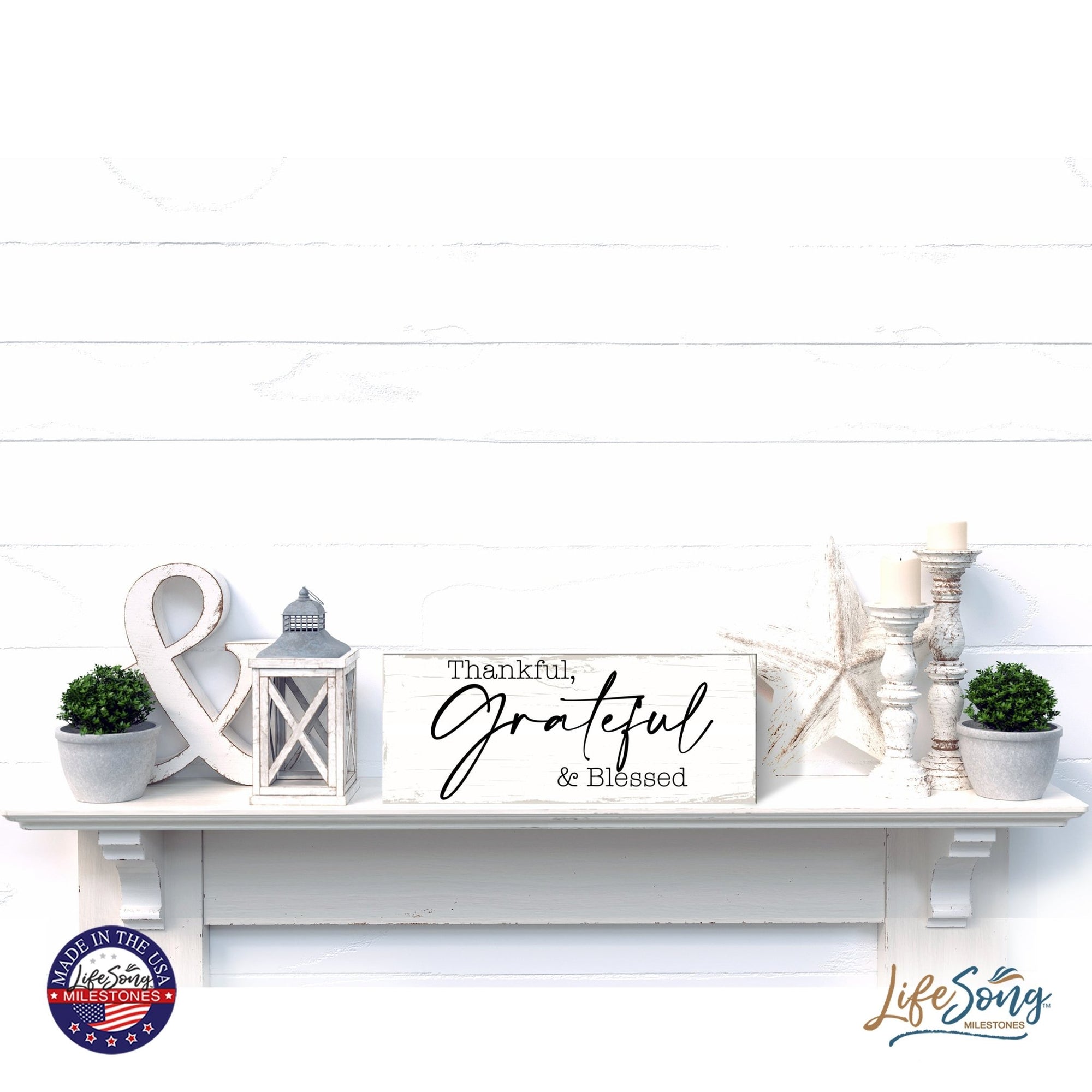 Modern Inspirational Everyday Home and Family Wooden Wall Art Hanging Plaque 4x10n – Thankful, Grateful & Blessed – for Family and Home Decorations - LifeSong Milestones