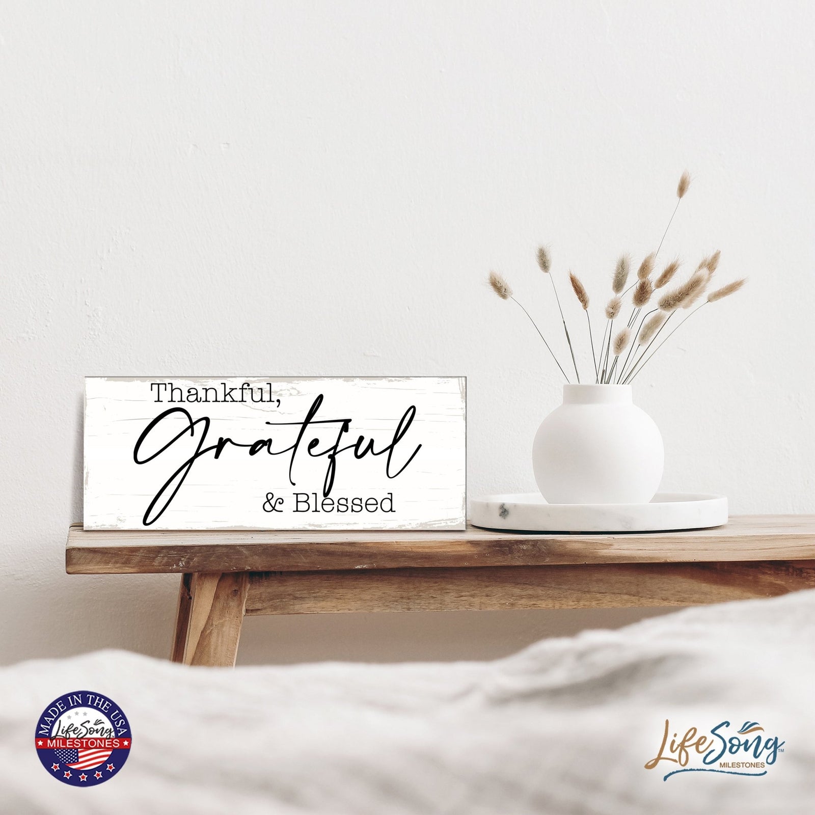 Modern Inspirational Everyday Home and Family Wooden Wall Art Hanging Plaque 4x10n – Thankful, Grateful & Blessed – for Family and Home Decorations - LifeSong Milestones