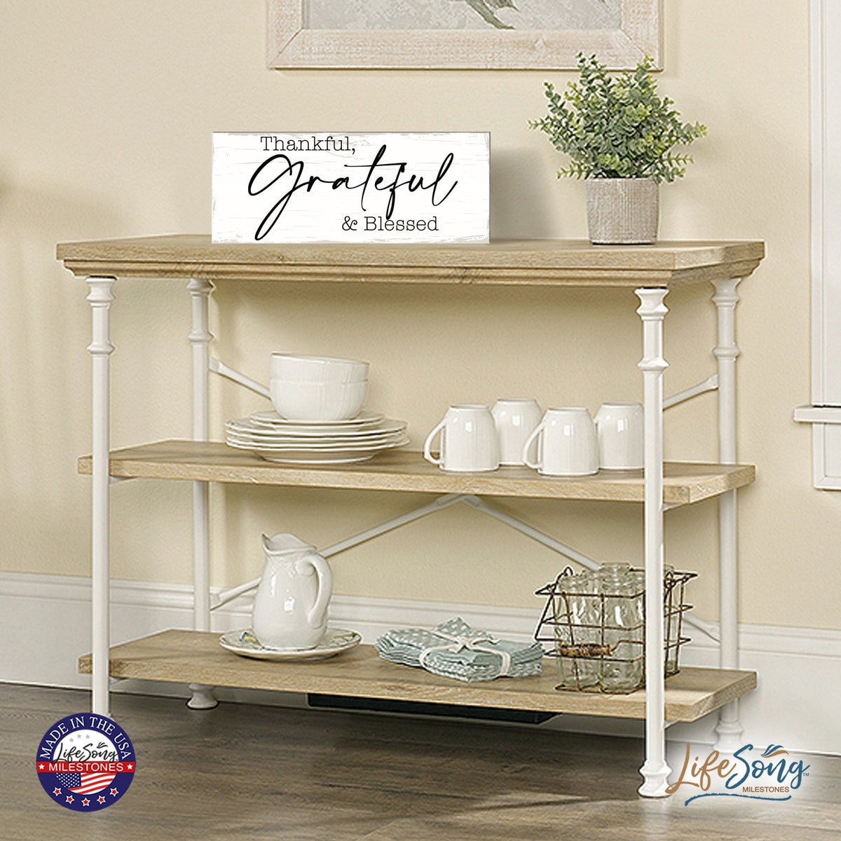 Modern Inspirational Everyday Home and Family Wooden Wall Art Hanging Plaque 4x10n – Thankful, Grateful & Blessed – for Family and Home Decorations - LifeSong Milestones