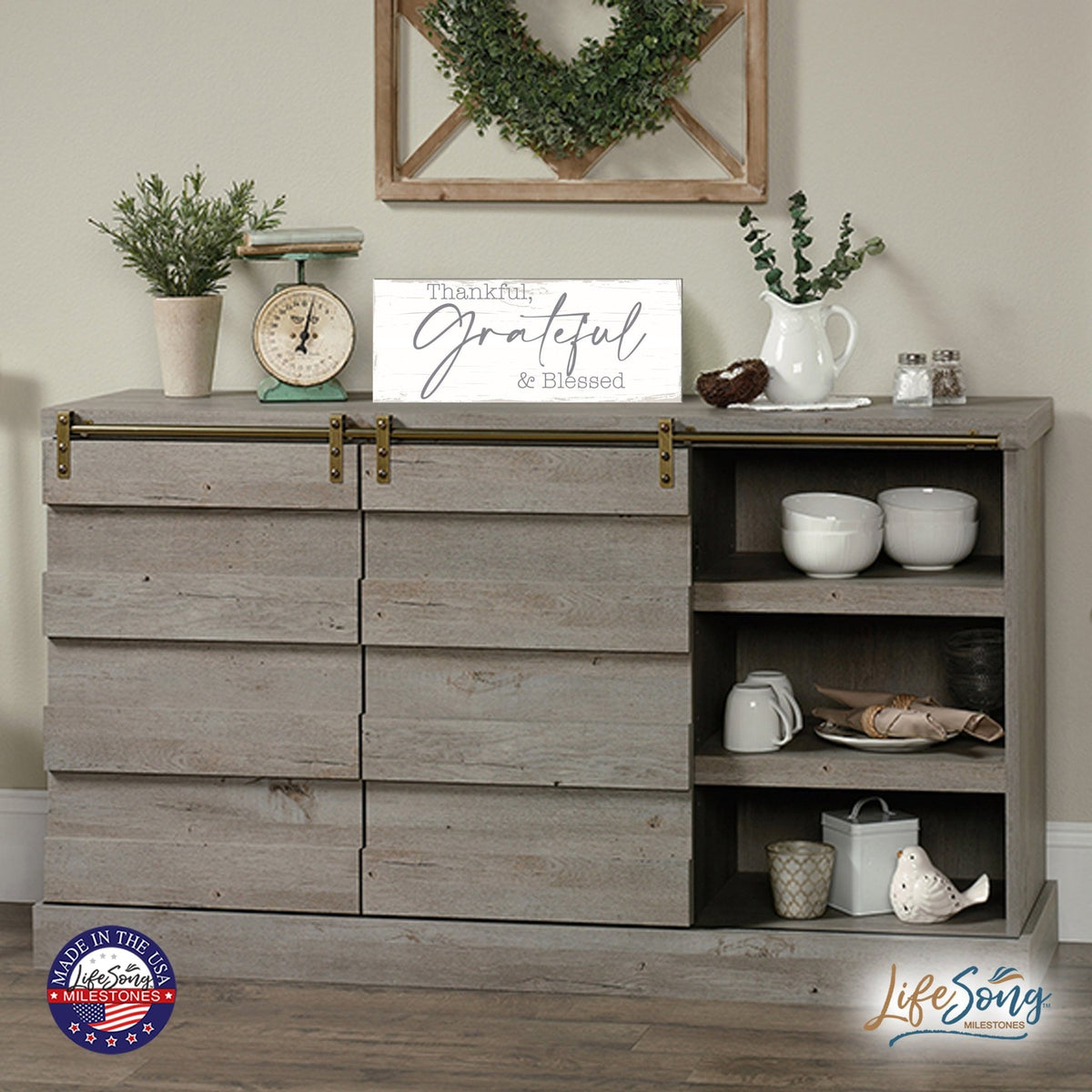 Modern Inspirational Everyday Home and Family Wooden Wall Art Hanging Plaque 4x10n – Thankful, Grateful & Blessed – for Family and Home Decorations - LifeSong Milestones