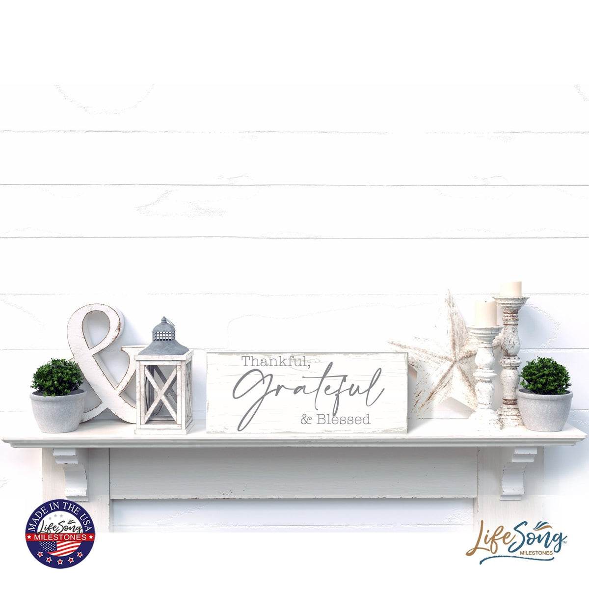 Modern Inspirational Everyday Home and Family Wooden Wall Art Hanging Plaque 4x10n – Thankful, Grateful & Blessed – for Family and Home Decorations - LifeSong Milestones