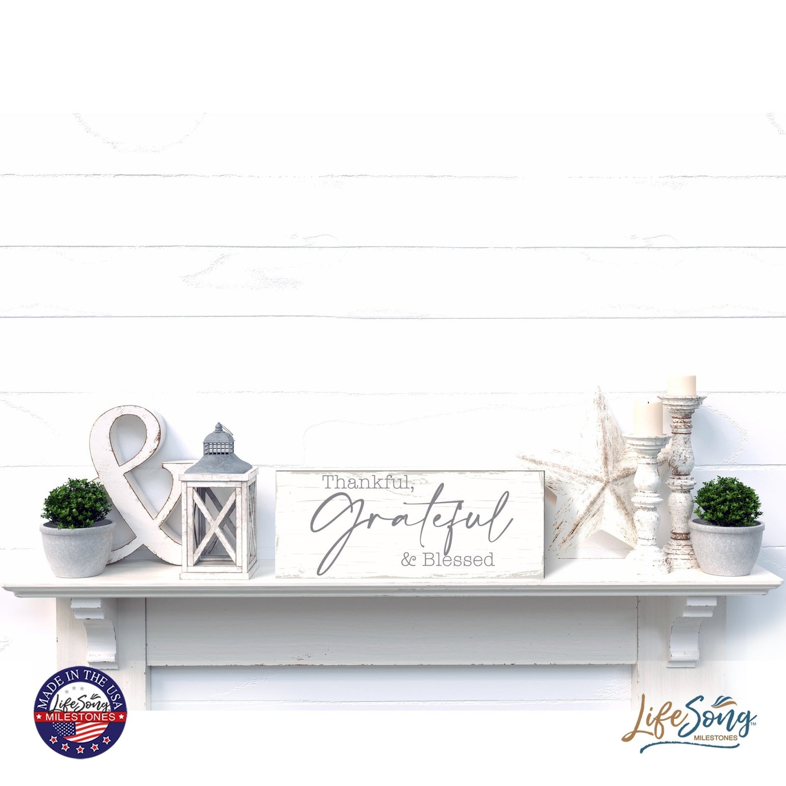 Modern Inspirational Everyday Home and Family Wooden Wall Art Hanging Plaque 4x10n – Thankful, Grateful & Blessed – for Family and Home Decorations - LifeSong Milestones
