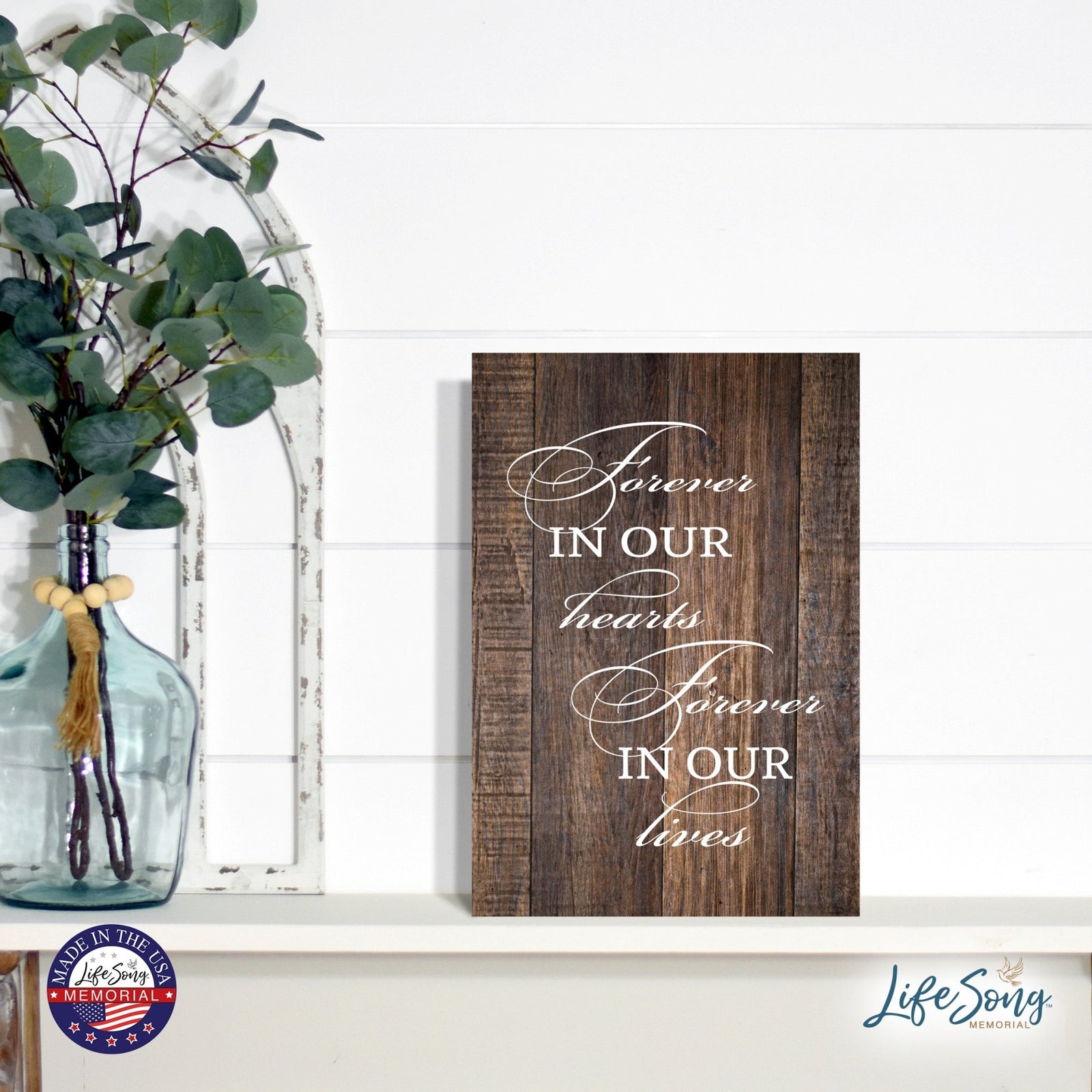 Modern Inspirational Memorial 5.5x 8 inches Wooden Sign Forever In Our Hearts - Plaque Tabletop Decoration Loss of Loved One Bereavement Sympathy Keepsake - LifeSong Milestones