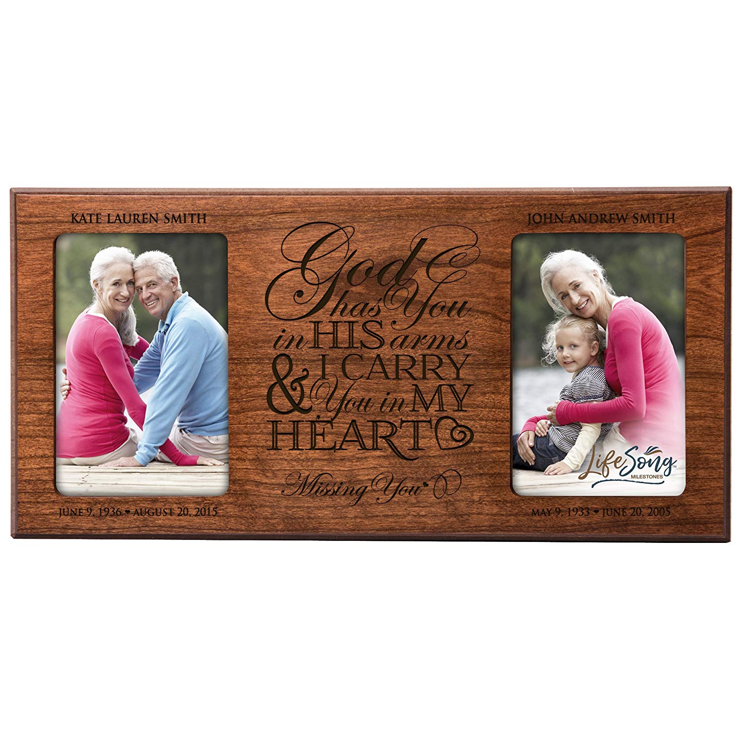 Modern Inspirational Memorial 8x16in Wooden Double Photo Frame God Has You holds Two 4x6 Pictures - LifeSong Milestones