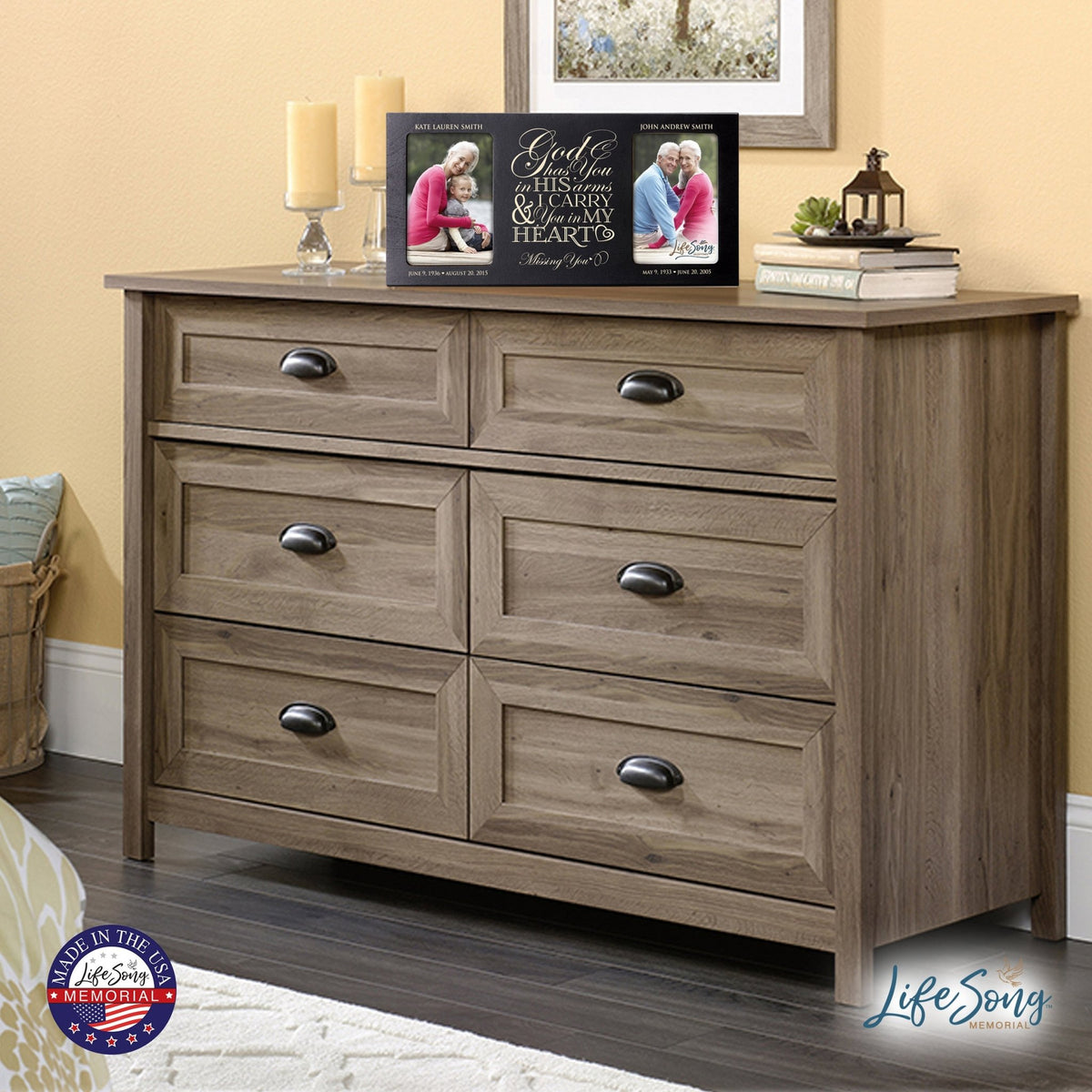 Modern Inspirational Memorial 8x16in Wooden Double Photo Frame God Has You holds Two 4x6 Pictures - LifeSong Milestones