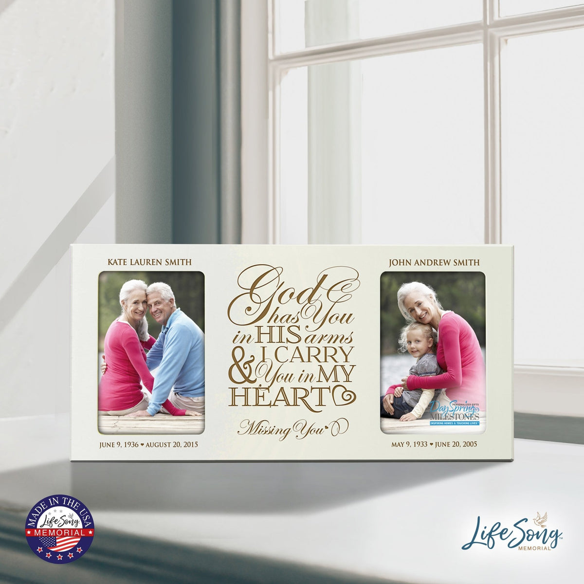 Modern Inspirational Memorial 8x16in Wooden Double Photo Frame God Has You holds Two 4x6 Pictures - LifeSong Milestones