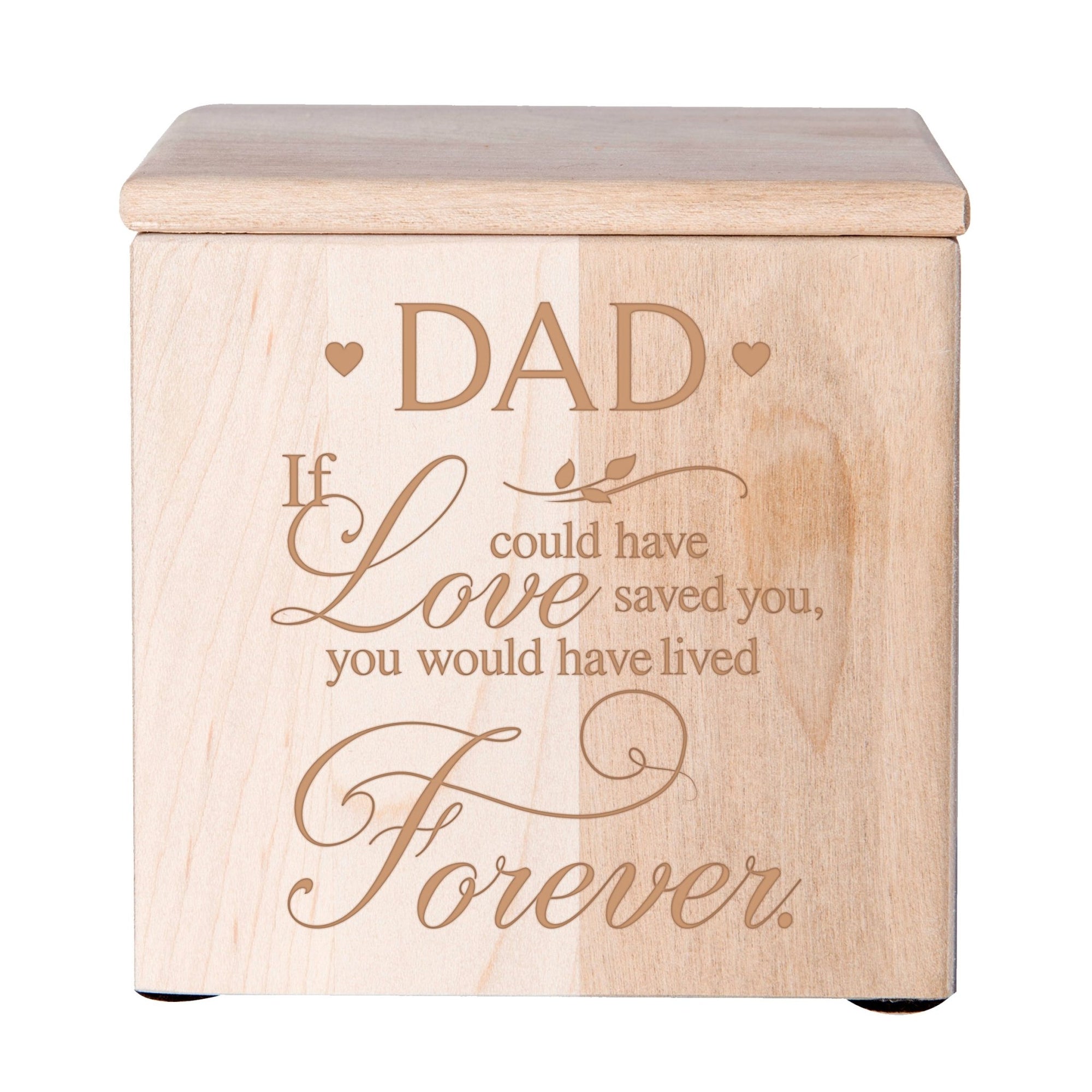 Modern Inspirational Memorial Wooden Cremation Urn Box 4.5x4.5in Holds 49 Cu Inches Of Human Ashes (If love could have saved Dad) Funeral and Commemorative Keepsake - LifeSong Milestones