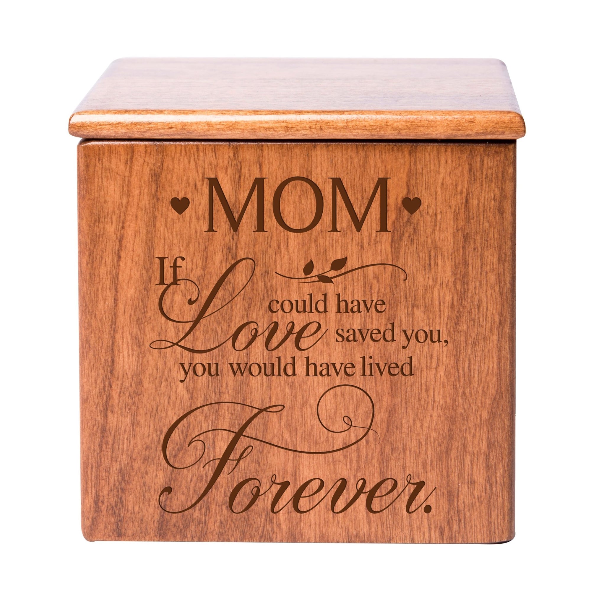 Modern Inspirational Memorial Wooden Cremation Urn Box 4.5x4.5in Holds 49 Cu Inches Of Human Ashes (If love could have saved Mom) Funeral and Commemorative Keepsake - LifeSong Milestones