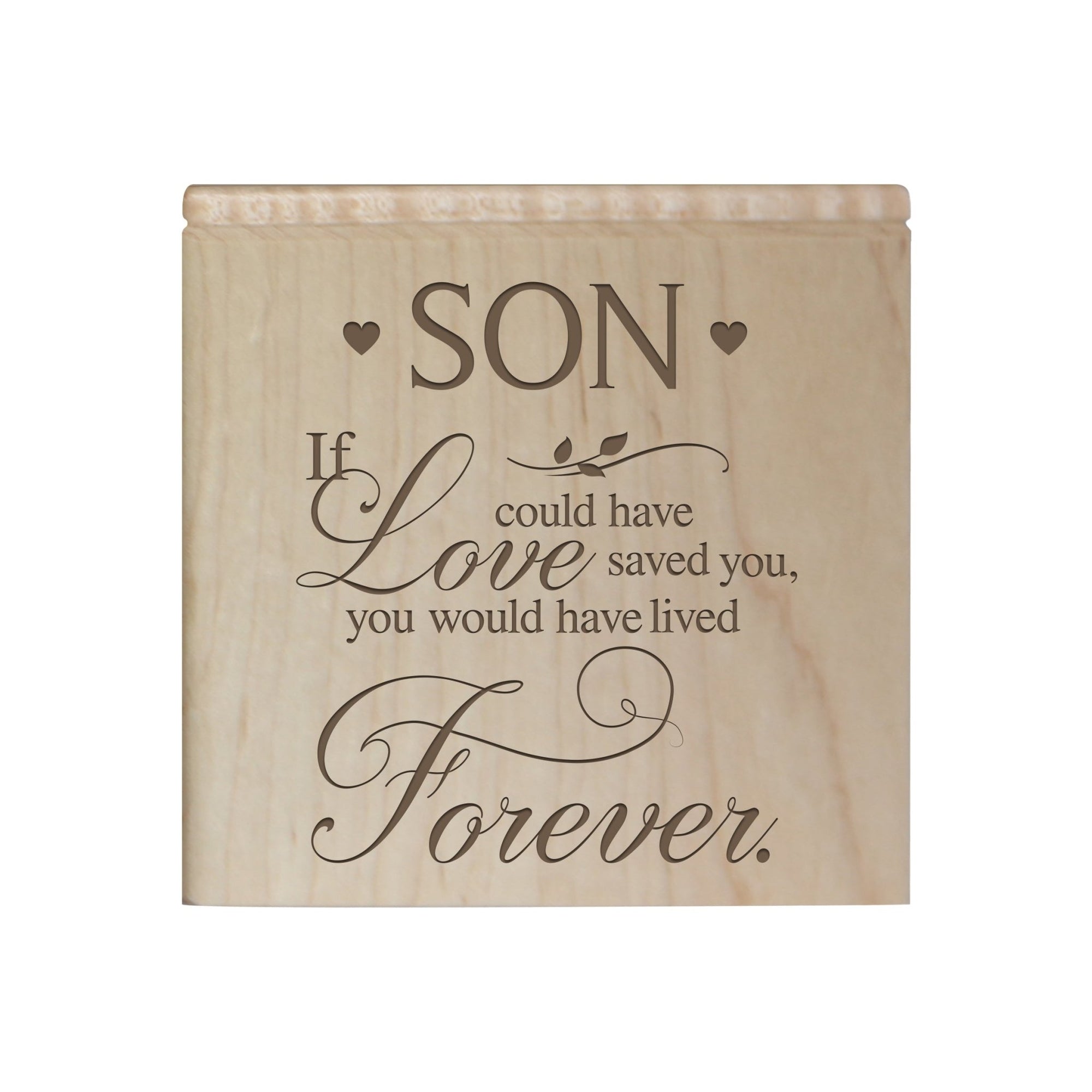 Modern Inspirational Memorial Wooden Cremation Urn Box 4.5x4.5in Holds 49 Cu Inches Of Human Ashes (If love could have saved Son) Funeral and Commemorative Keepsake - LifeSong Milestones