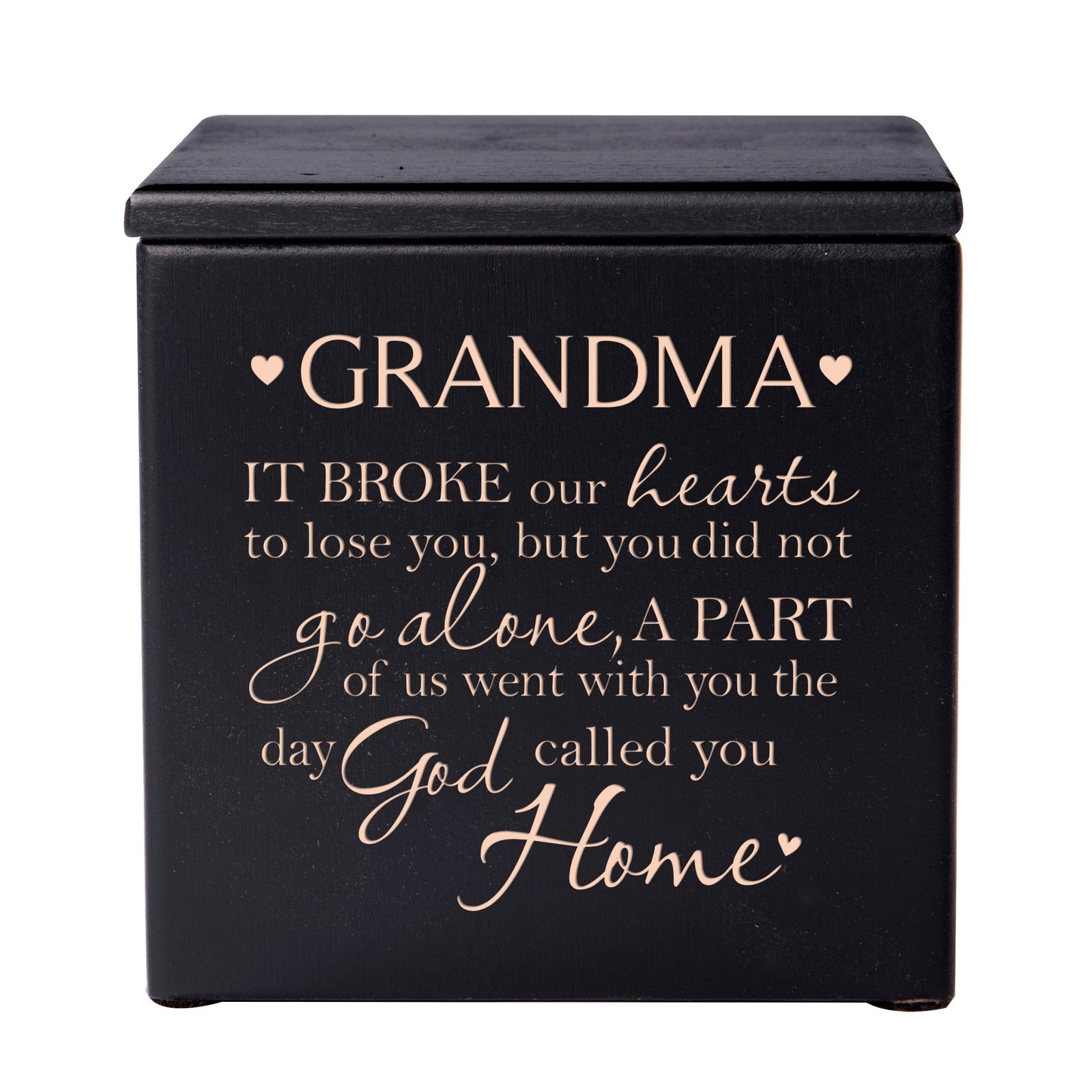 Modern Inspirational Memorial Wooden Cremation Urn Box 4.5x4.5in Holds 49 Cu Inches Of Human Ashes (It Broke Our Hearts Grandma) Funeral and Commemorative Keepsake - LifeSong Milestones