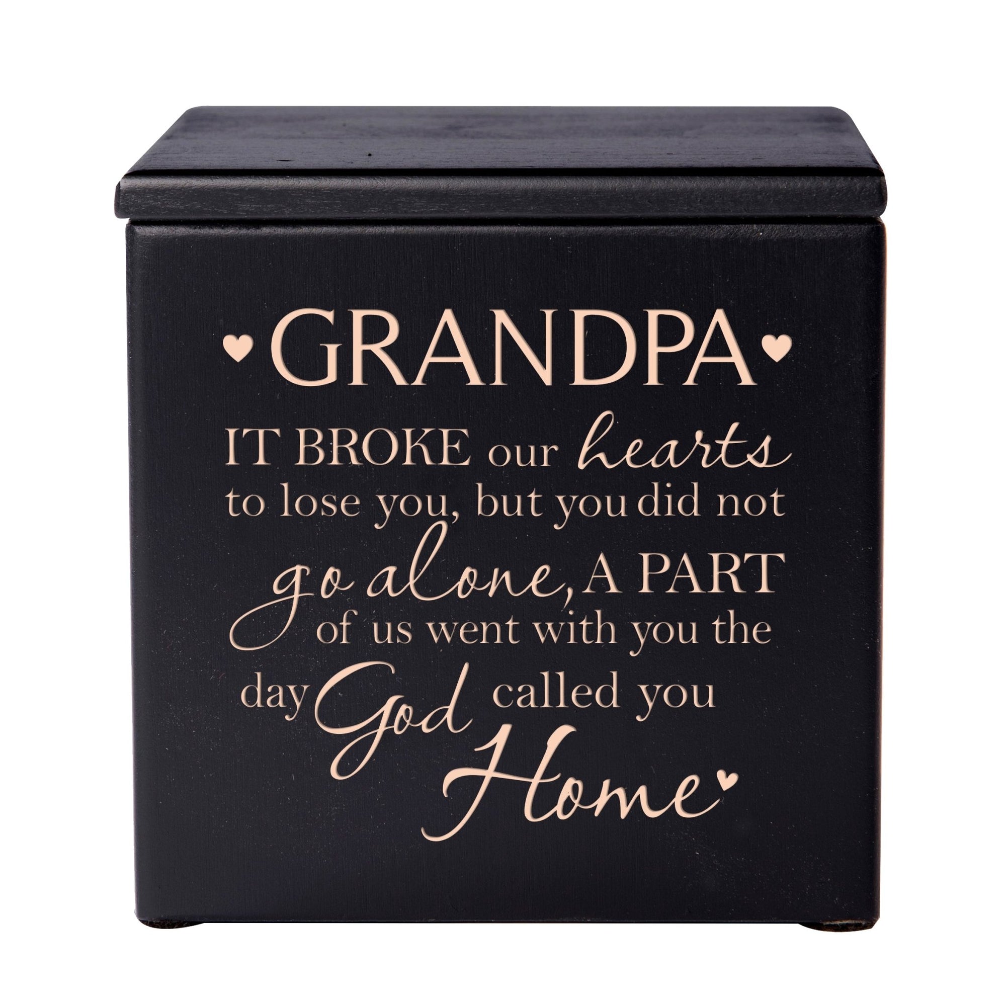 Modern Inspirational Memorial Wooden Cremation Urn Box 4.5x4.5in Holds 49 Cu Inches Of Human Ashes (It Broke Our Hearts Grandpa) Funeral and Commemorative Keepsake - LifeSong Milestones