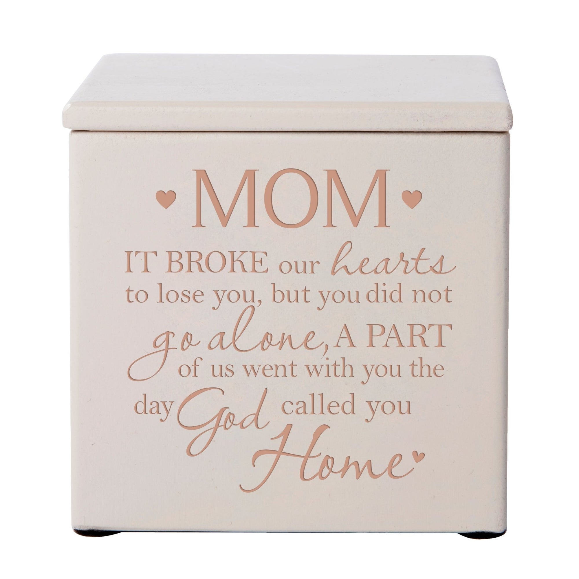 Modern Inspirational Memorial Wooden Cremation Urn Box 4.5x4.5in Holds 49 Cu Inches Of Human Ashes (It Broke Our Hearts Mom) Funeral and Commemorative Keepsake - LifeSong Milestones