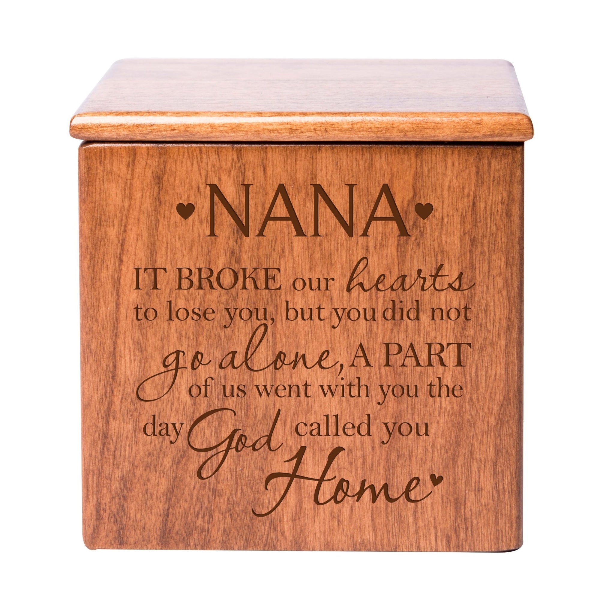 Modern Inspirational Memorial Wooden Cremation Urn Box 4.5x4.5in Holds 49 Cu Inches Of Human Ashes (It Broke Our Hearts Nana) Funeral and Commemorative Keepsake - LifeSong Milestones