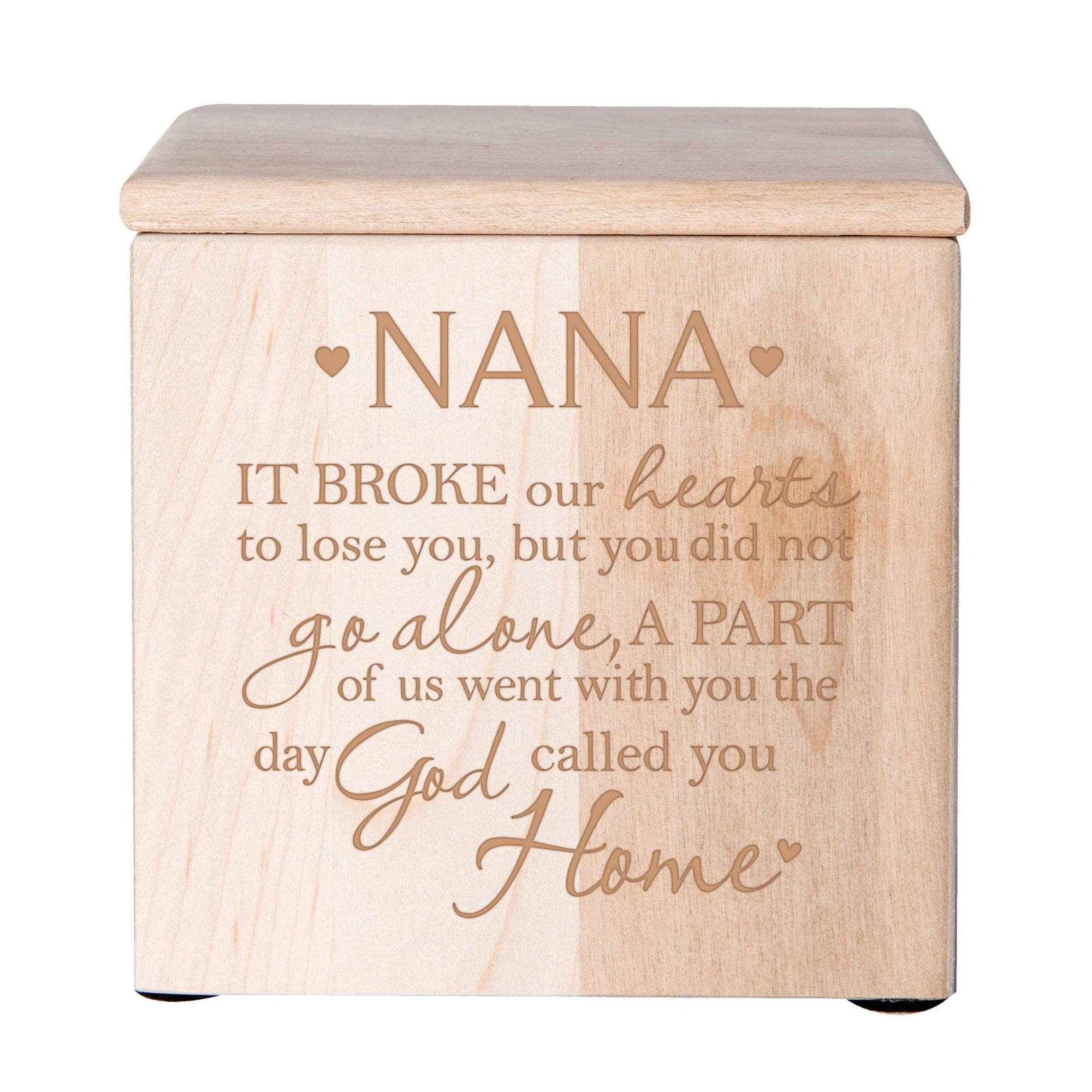 Modern Inspirational Memorial Wooden Cremation Urn Box 4.5x4.5in Holds 49 Cu Inches Of Human Ashes (It Broke Our Hearts Nana) Funeral and Commemorative Keepsake - LifeSong Milestones