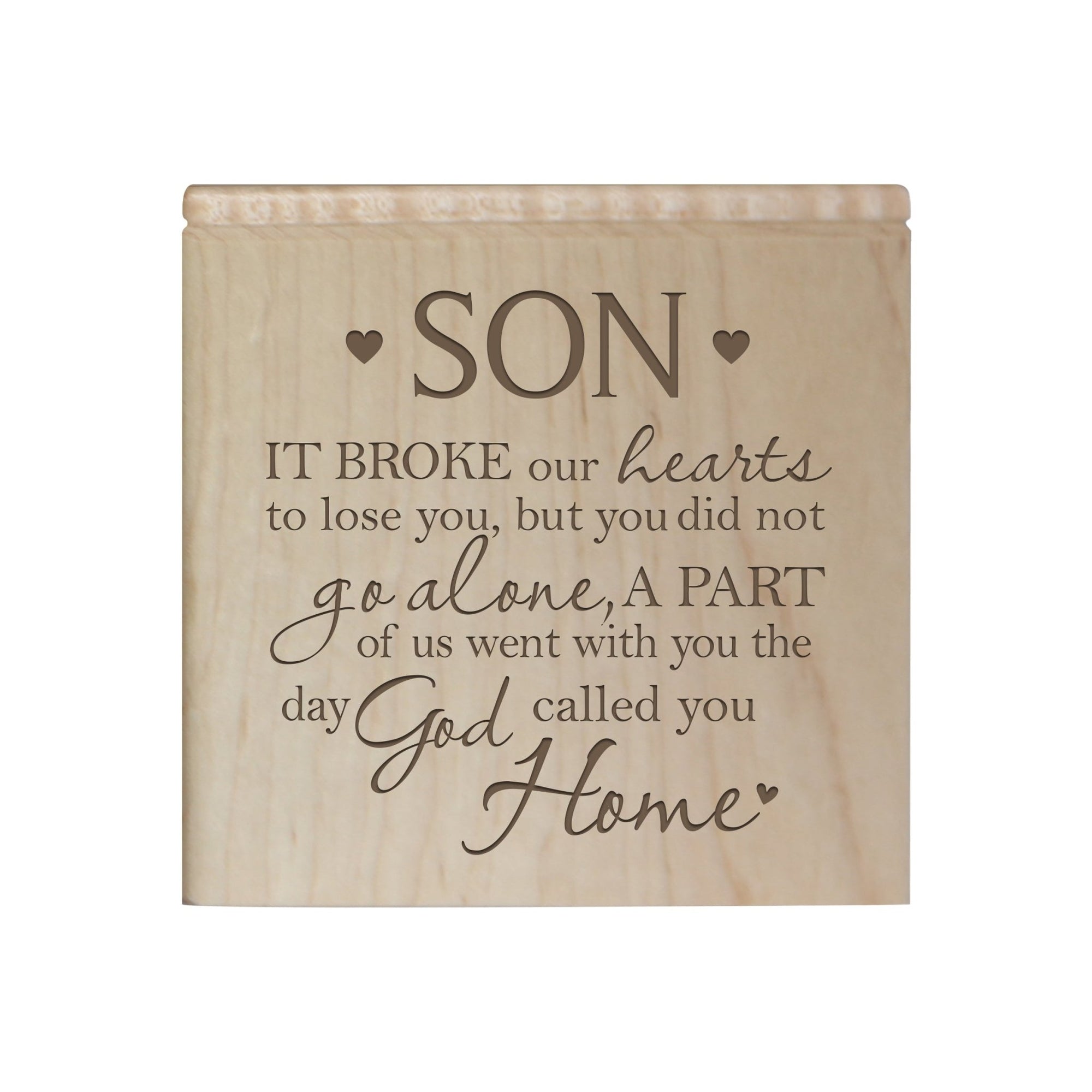 Modern Inspirational Memorial Wooden Cremation Urn Box 4.5x4.5in Holds 49 Cu Inches Of Human Ashes (It Broke Our Hearts Son) Funeral and Commemorative Keepsake - LifeSong Milestones